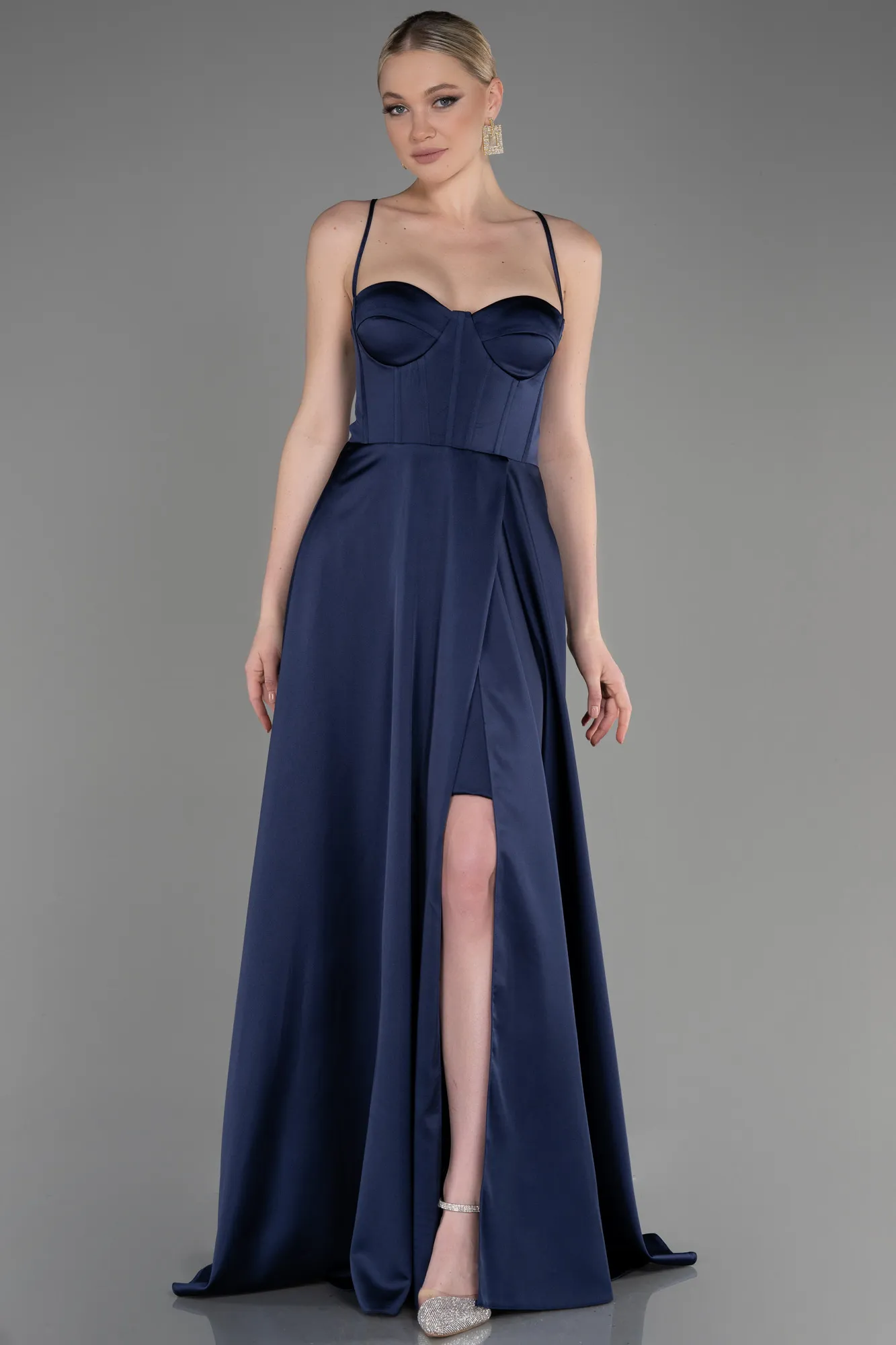 Navy Blue-Long Satin Prom Gown ABU3809
