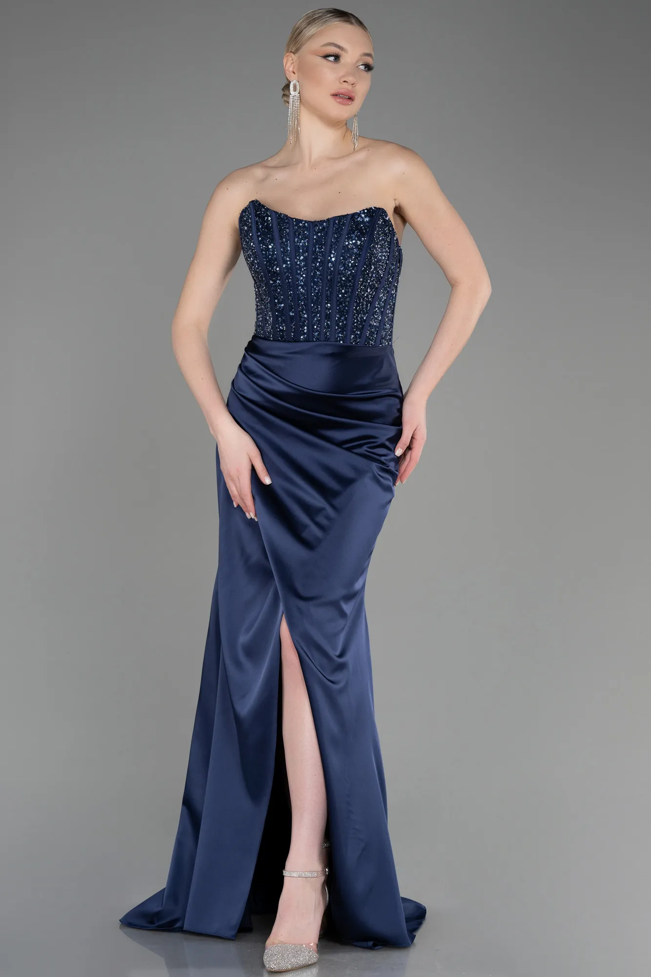 Navy Blue-Long Satin Prom Gown ABU3883
