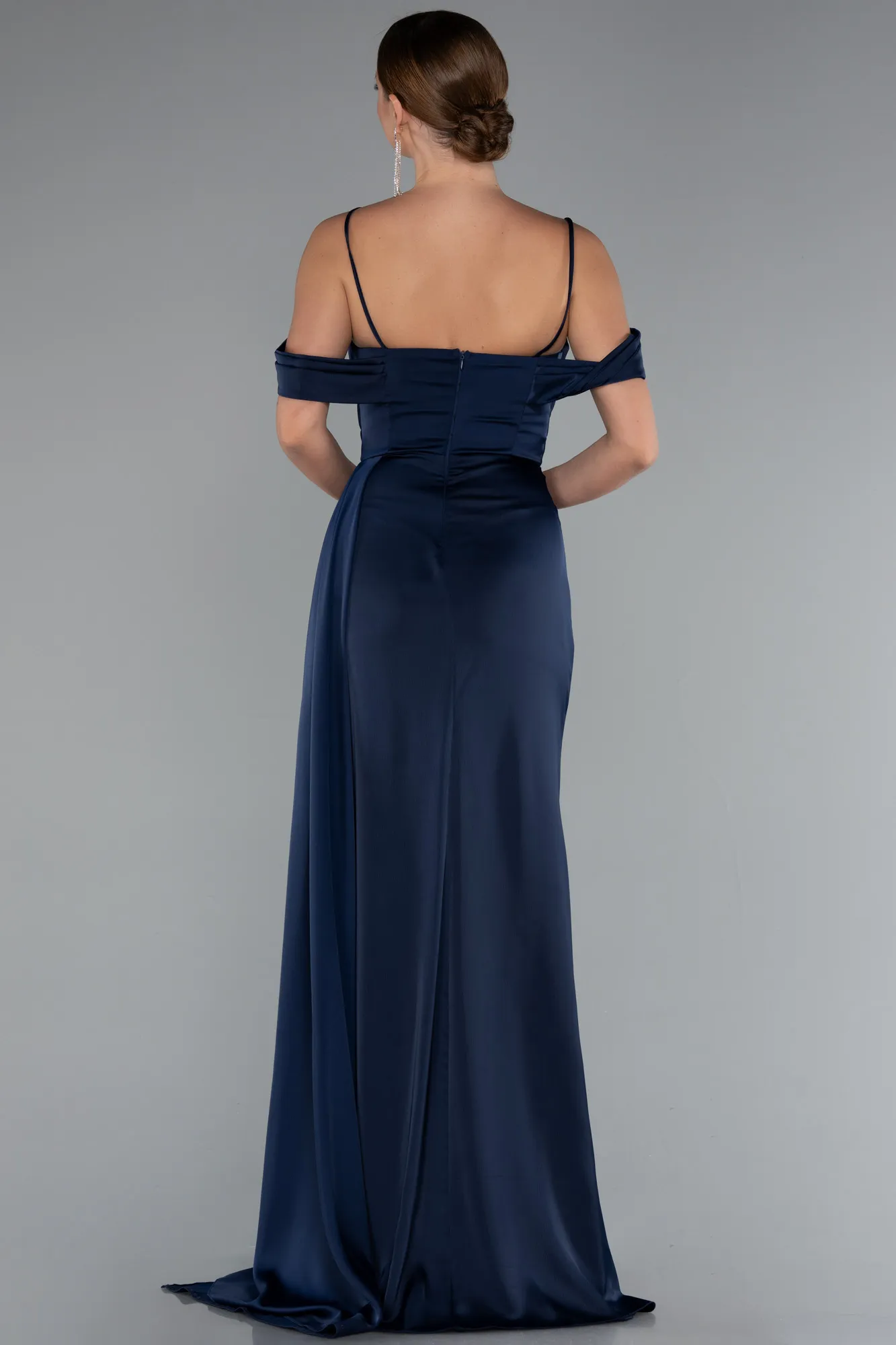 Navy Blue-Long Satin Prom Gown ABU4659