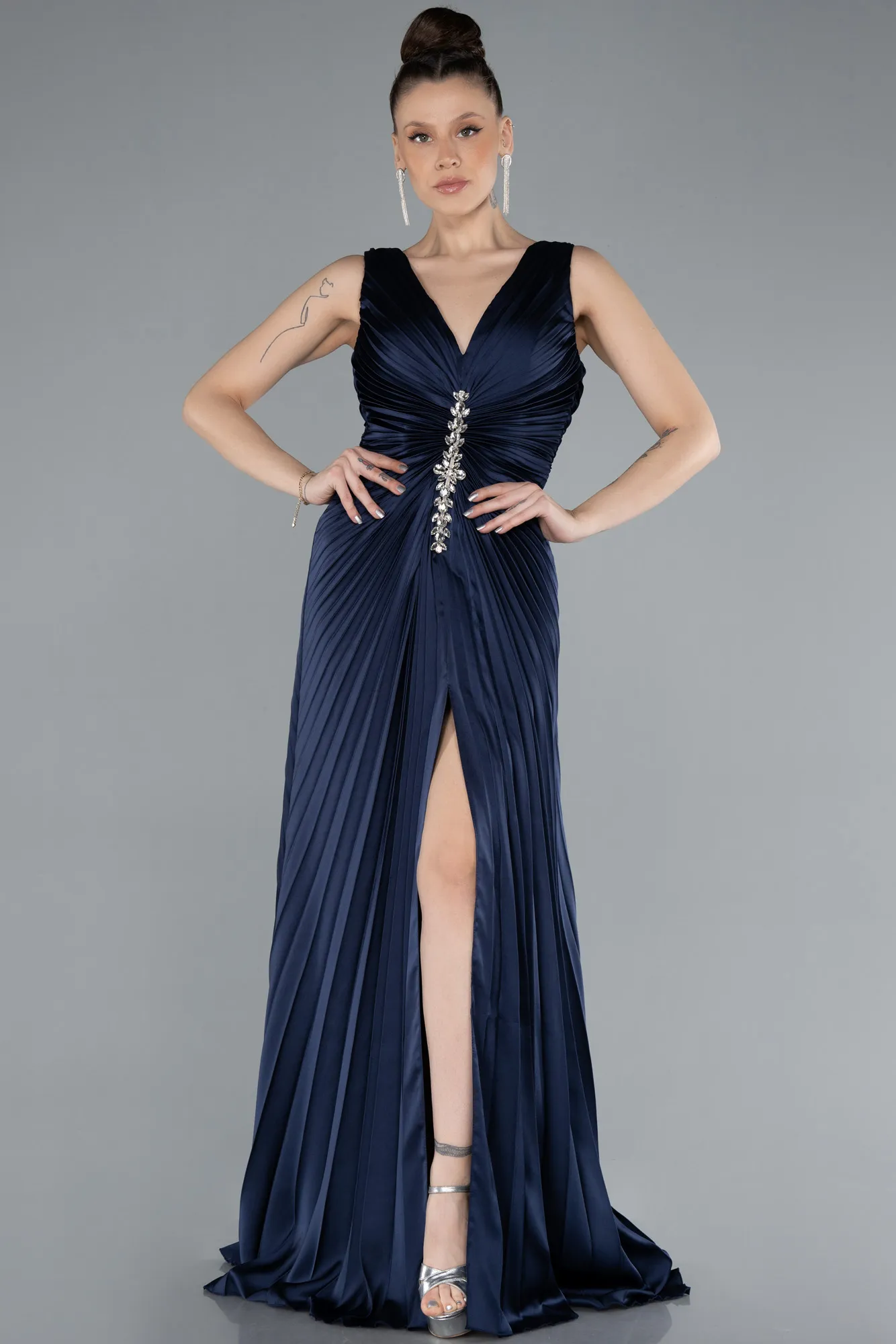 Navy Blue-Long Satin Prom Gown ABU4669