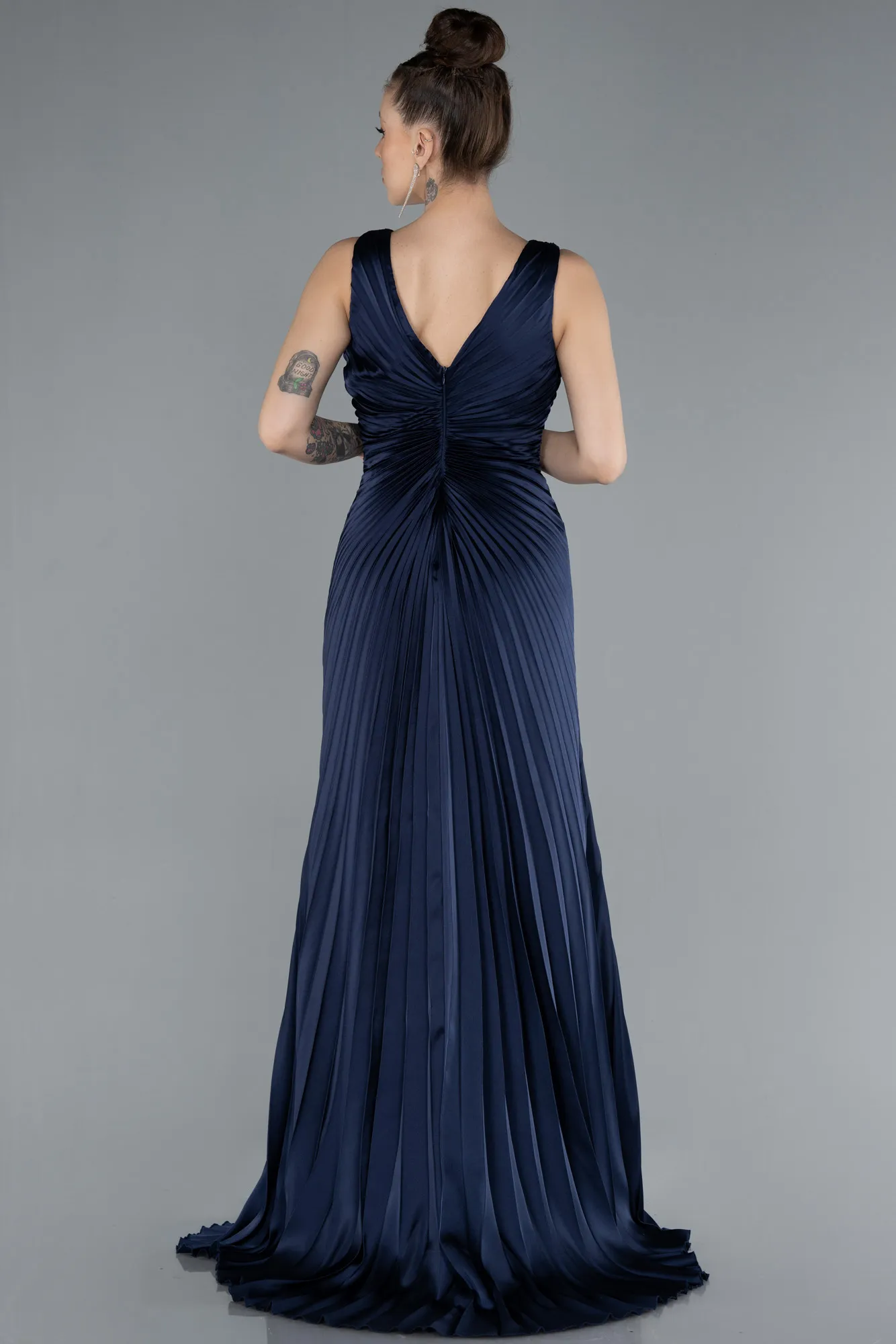 Navy Blue-Long Satin Prom Gown ABU4669