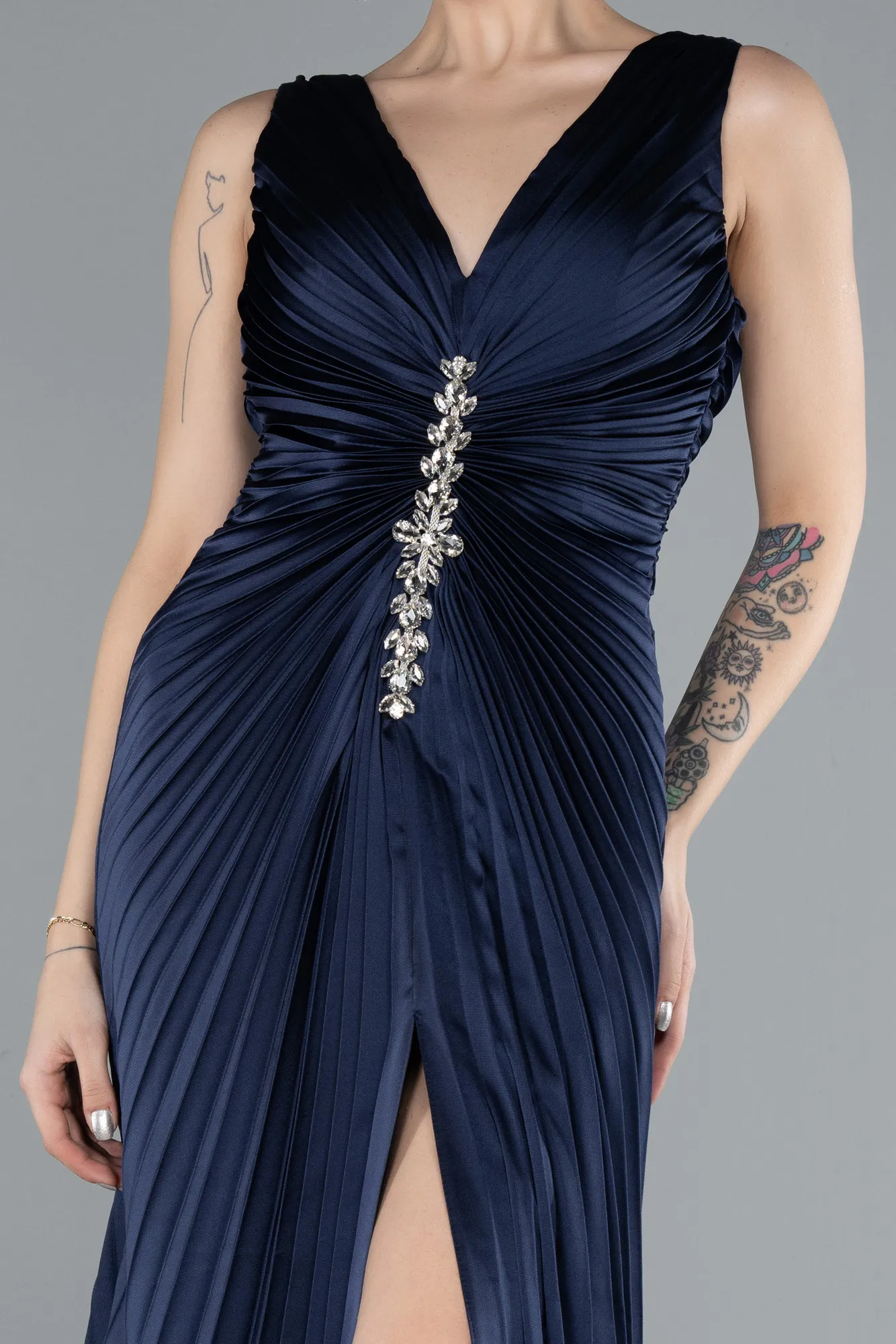 Navy Blue-Long Satin Prom Gown ABU4669