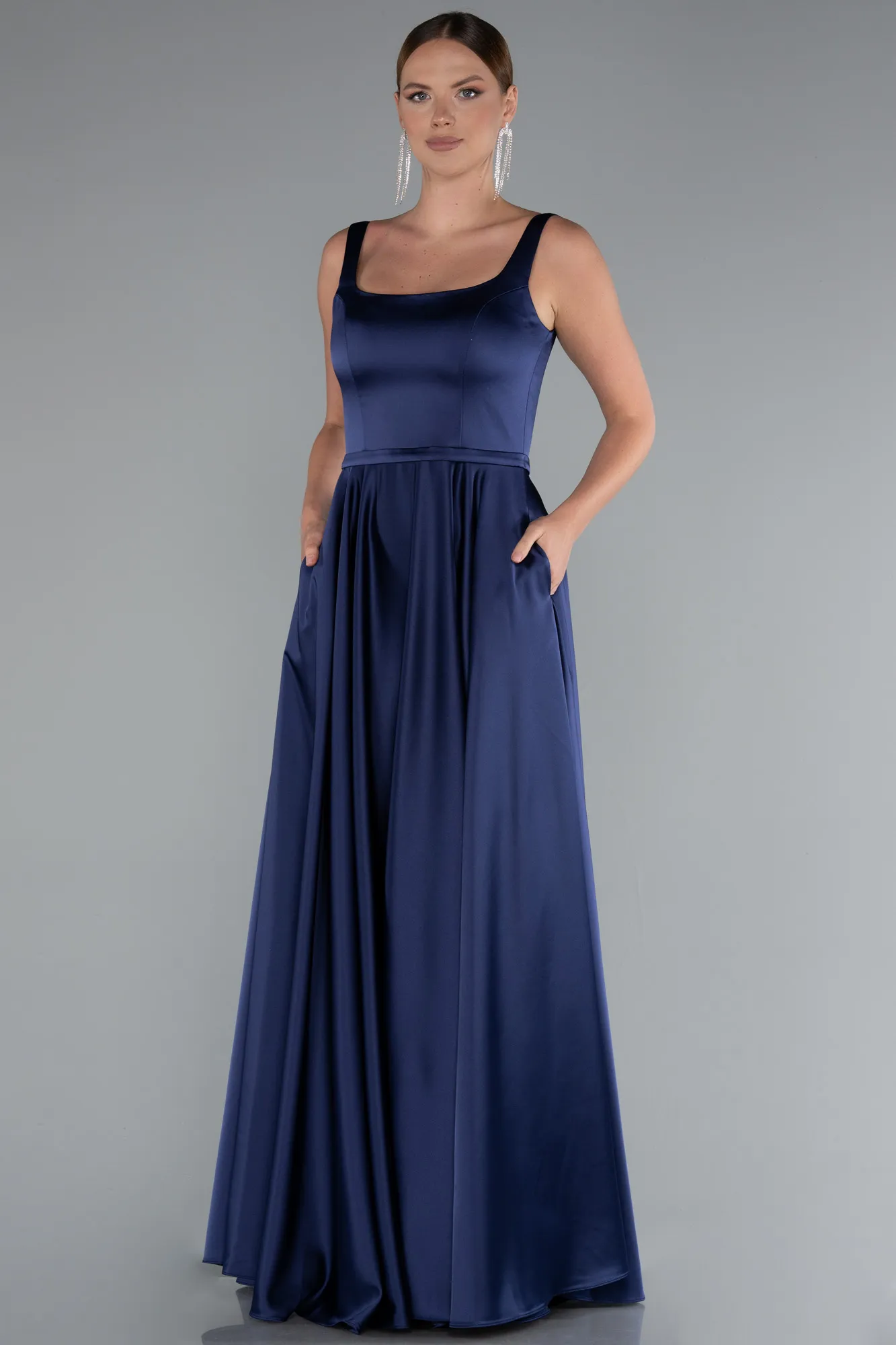 Navy Blue-Long Satin Prom Gown ABU5059