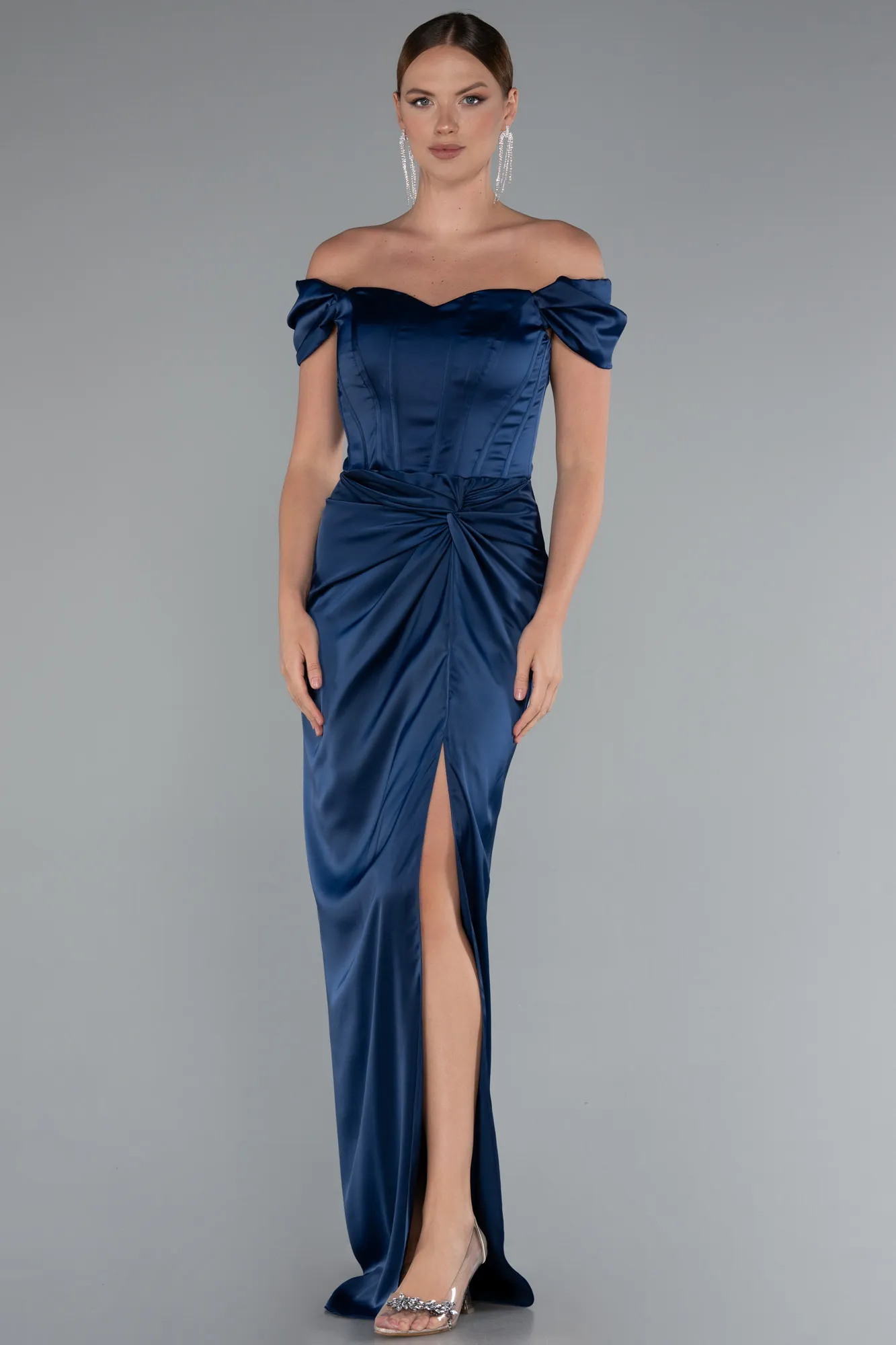 Navy Blue-Long Satin Prom Gown ABU5061