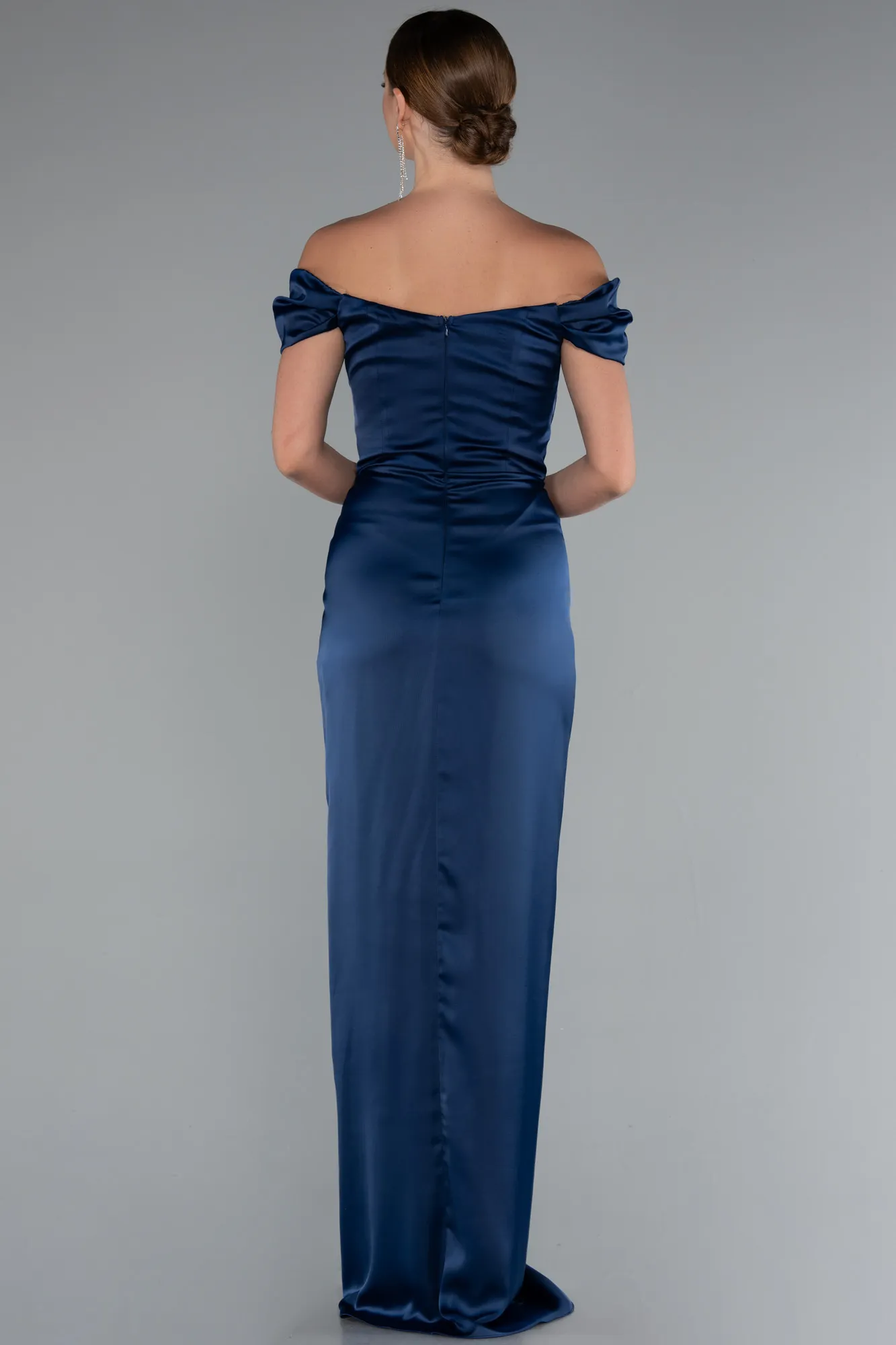 Navy Blue-Long Satin Prom Gown ABU5061