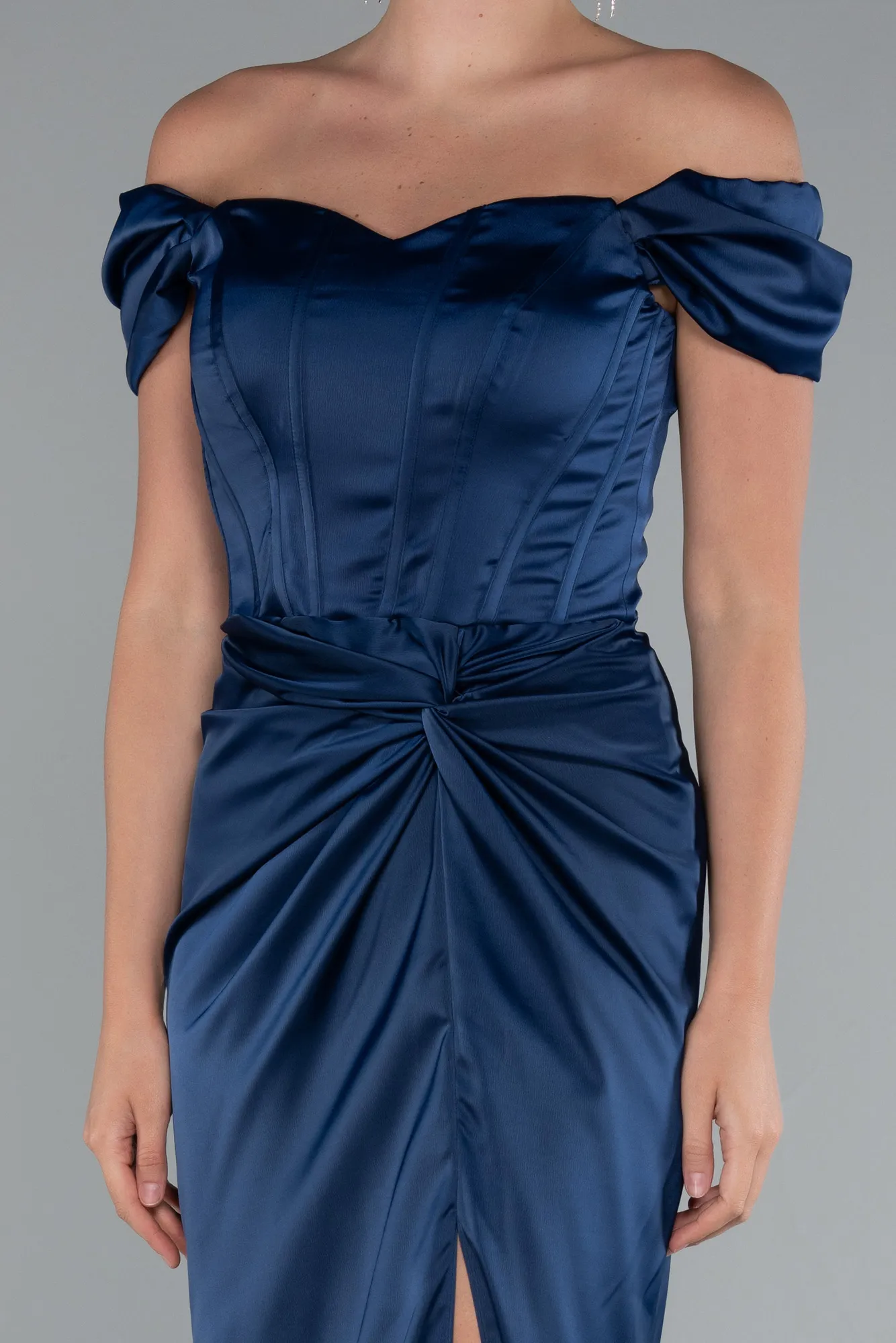 Navy Blue-Long Satin Prom Gown ABU5061