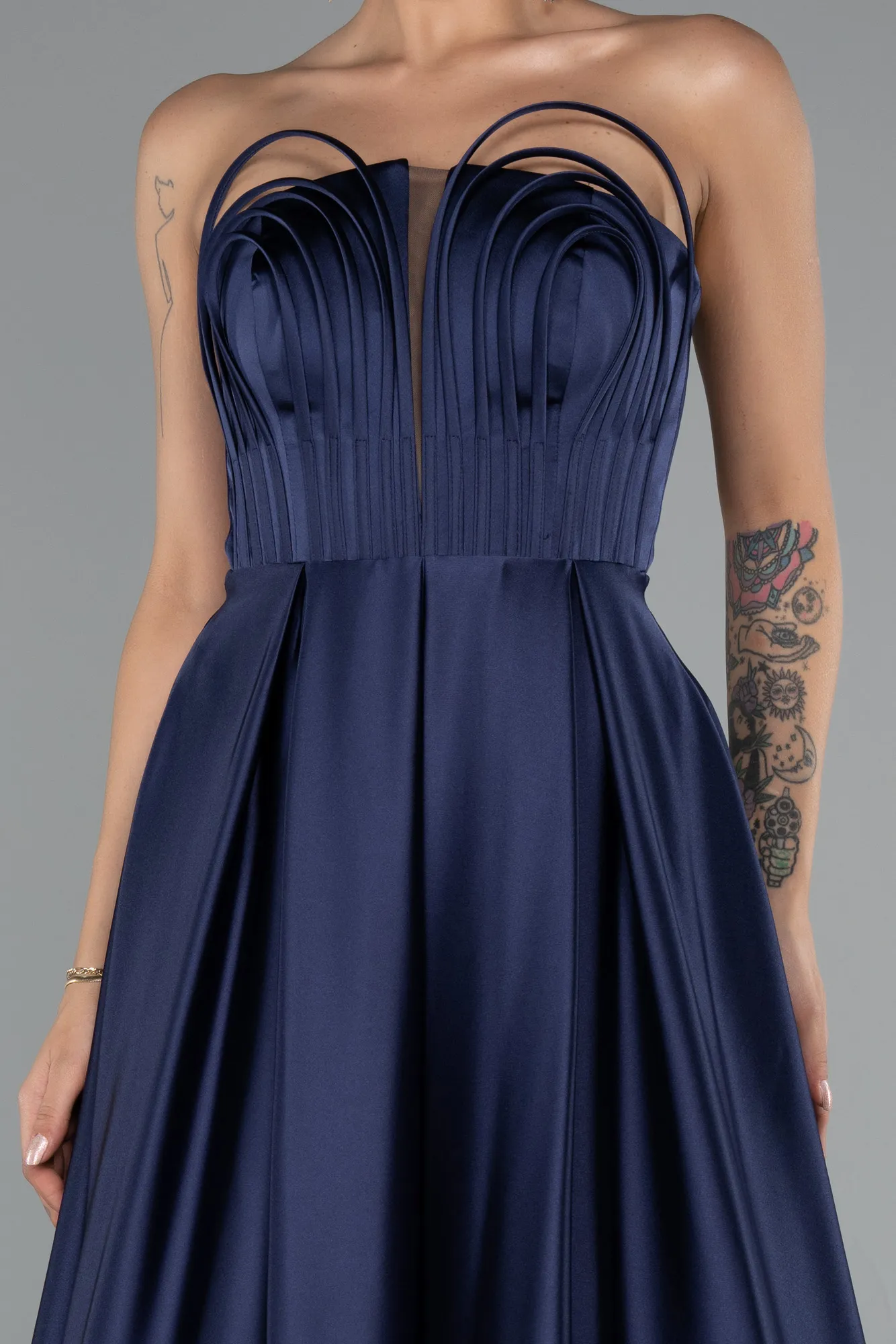 Navy Blue-Long Satin Prom Gown ABU5105