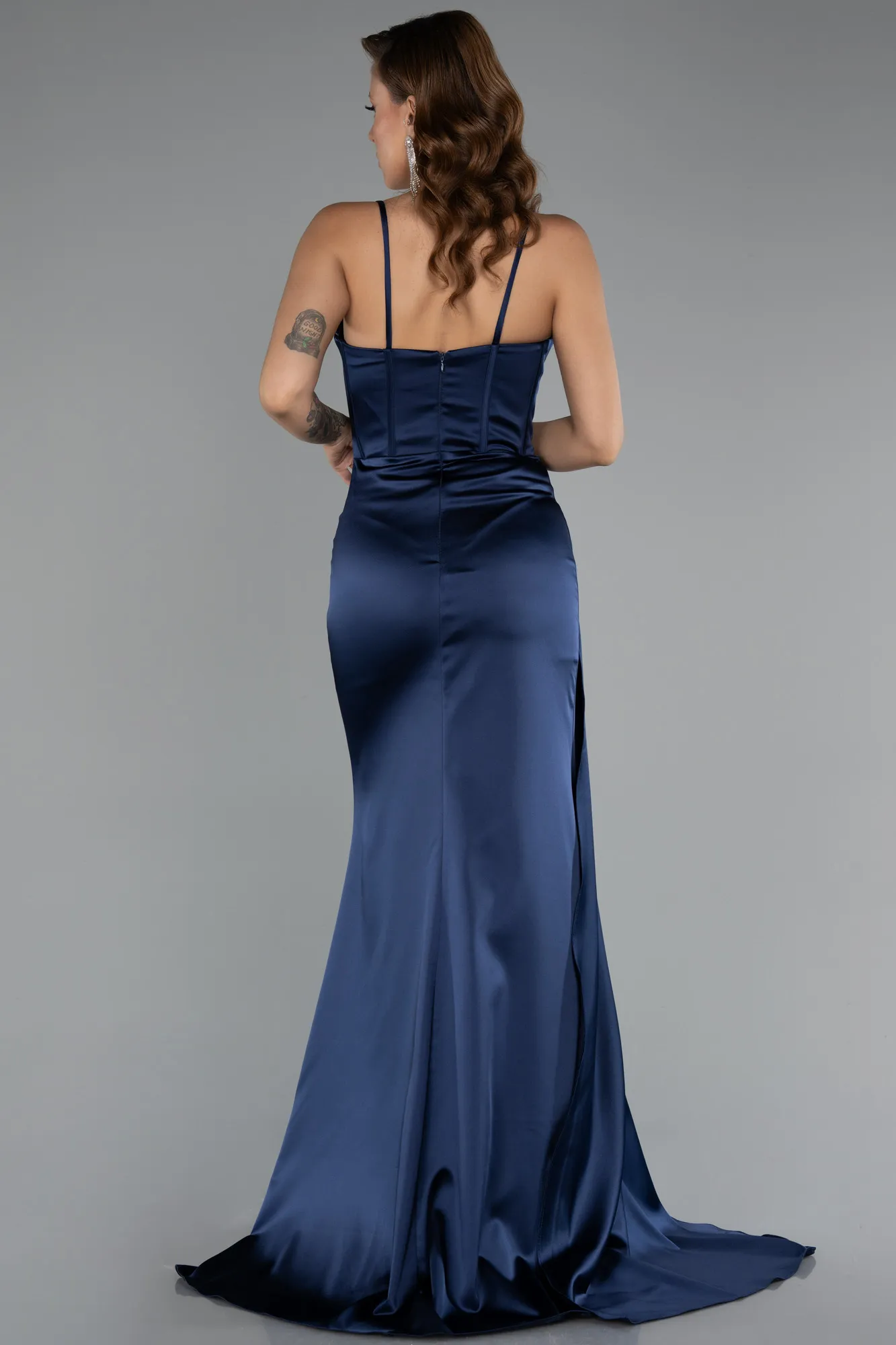 Navy Blue-Long Satin Prom Gown ABU5171