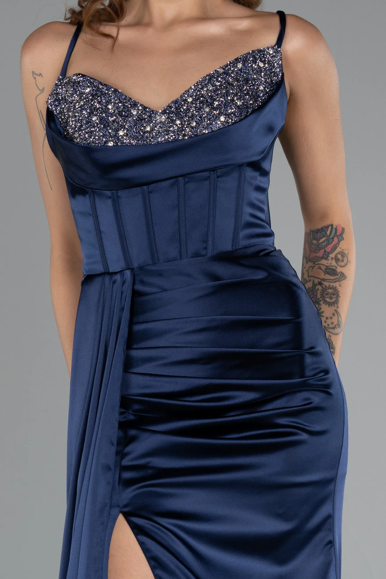 Navy Blue-Long Satin Prom Gown ABU5171