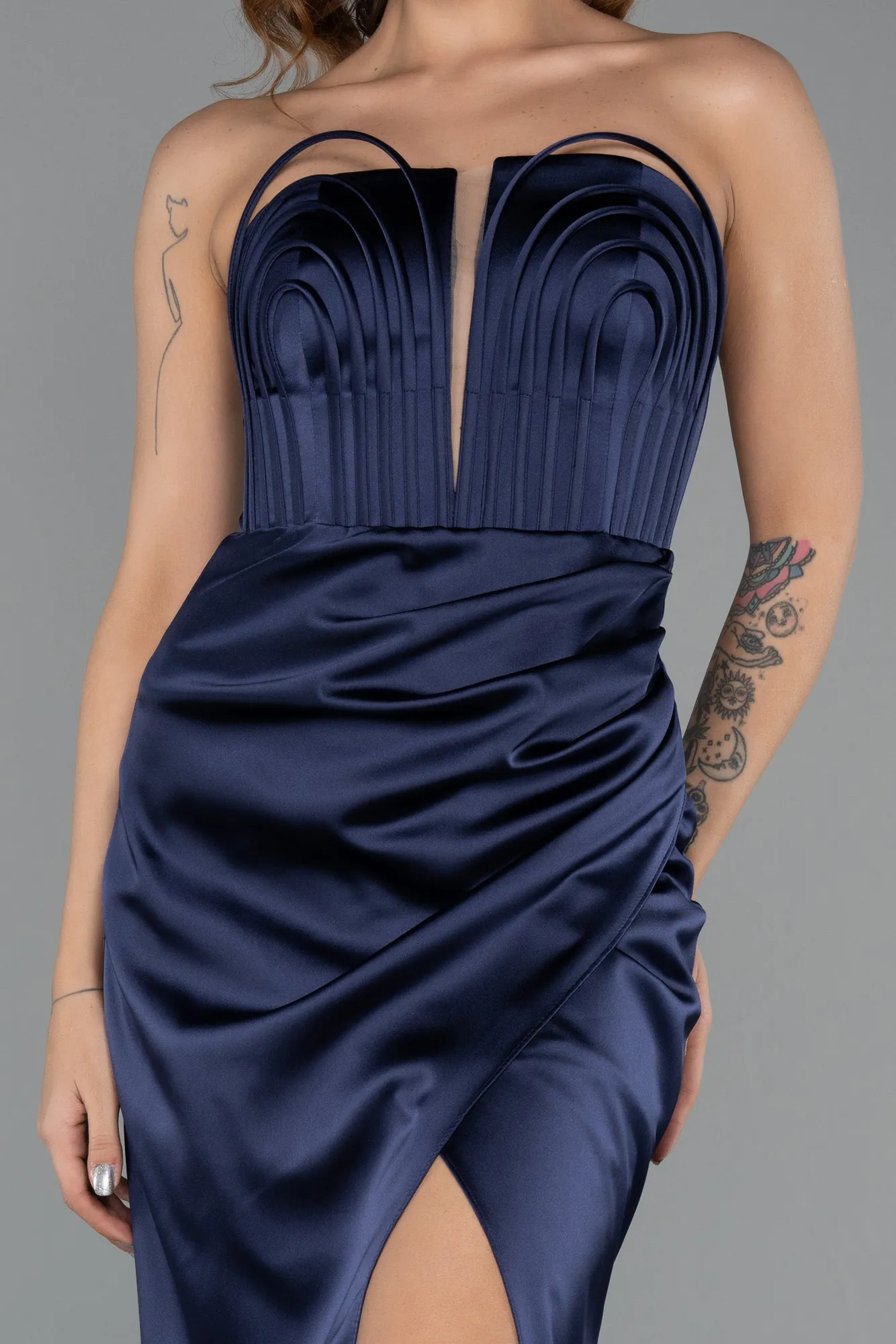 Navy Blue-Long Satin Prom Gown ABU5417