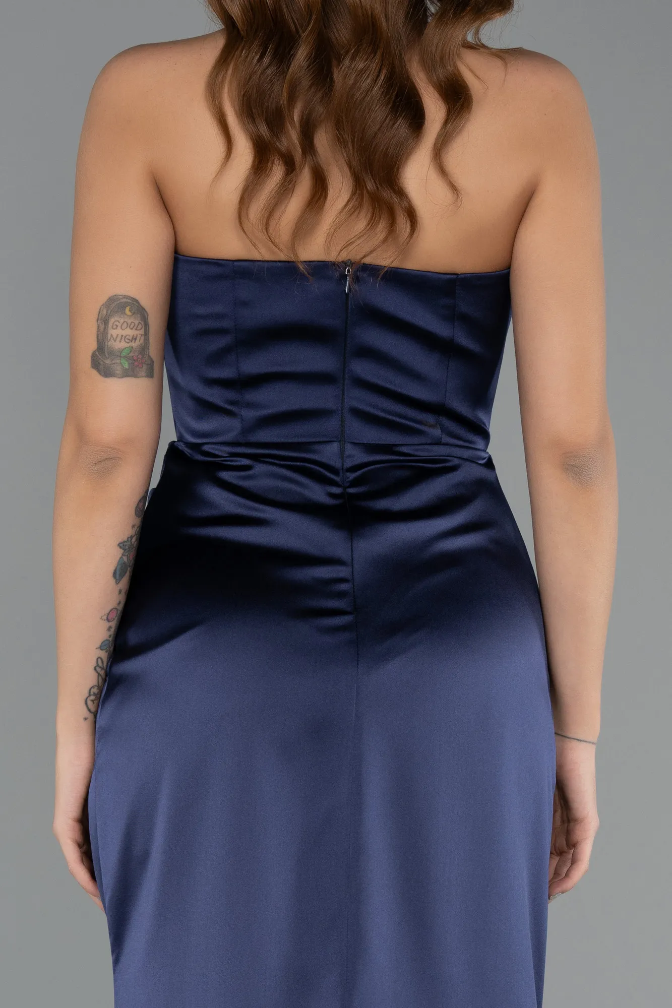 Navy Blue-Long Satin Prom Gown ABU5417