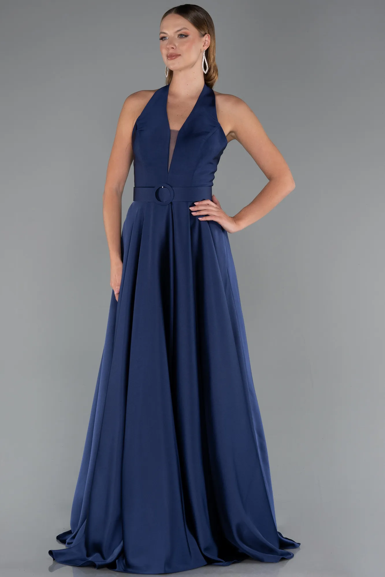 Navy Blue-Long Satin Prom Gown ABU5480
