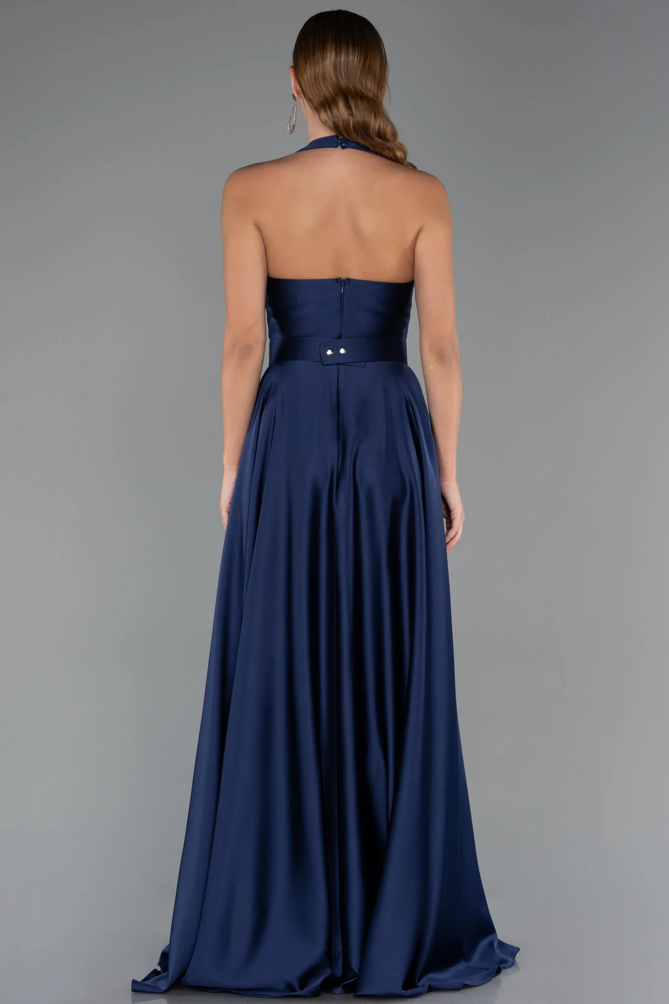 Navy Blue-Long Satin Prom Gown ABU5480