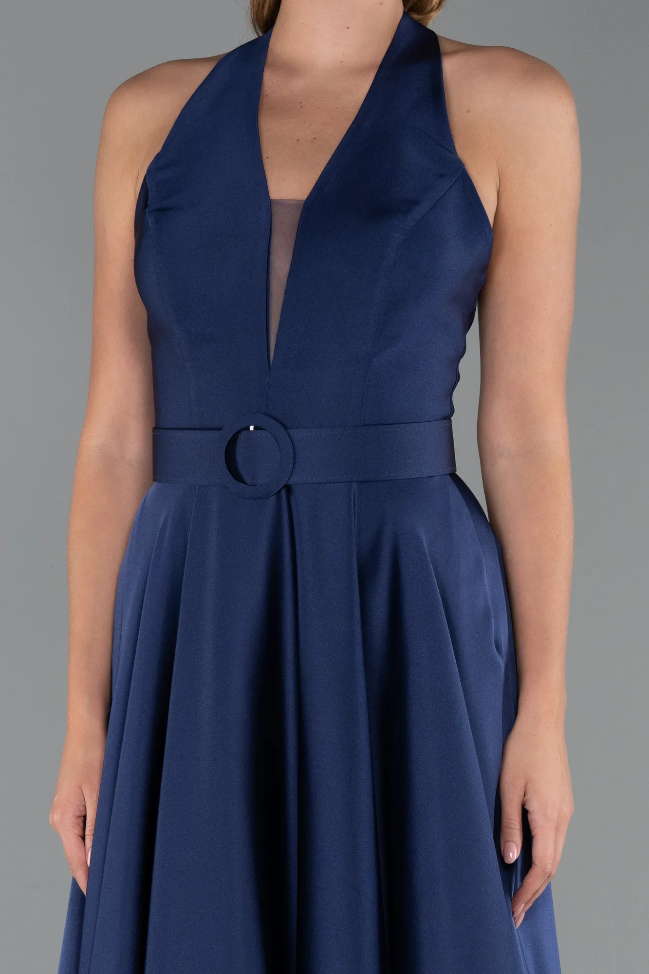 Navy Blue-Long Satin Prom Gown ABU5480