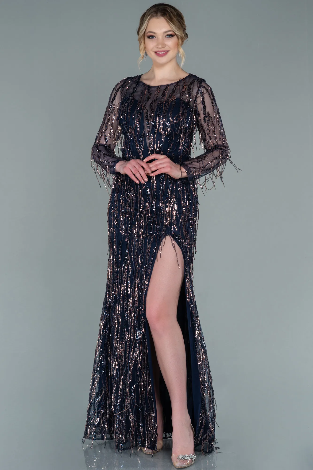 Navy Blue-Long Scaly Evening Dress ABU2324