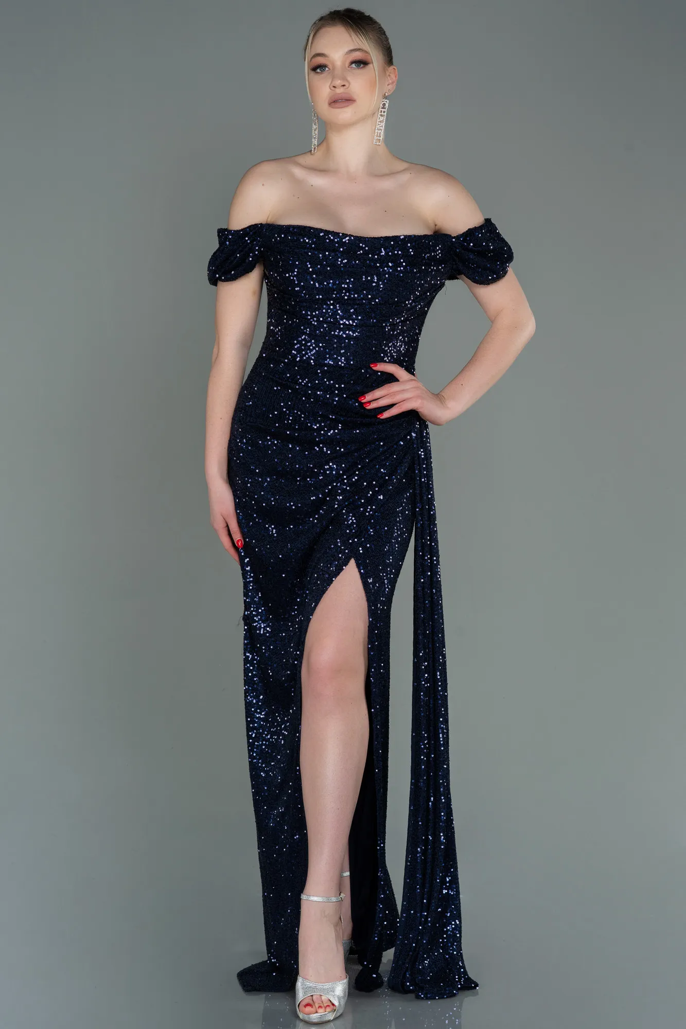 Navy Blue-Long Scaly Evening Dress ABU2987