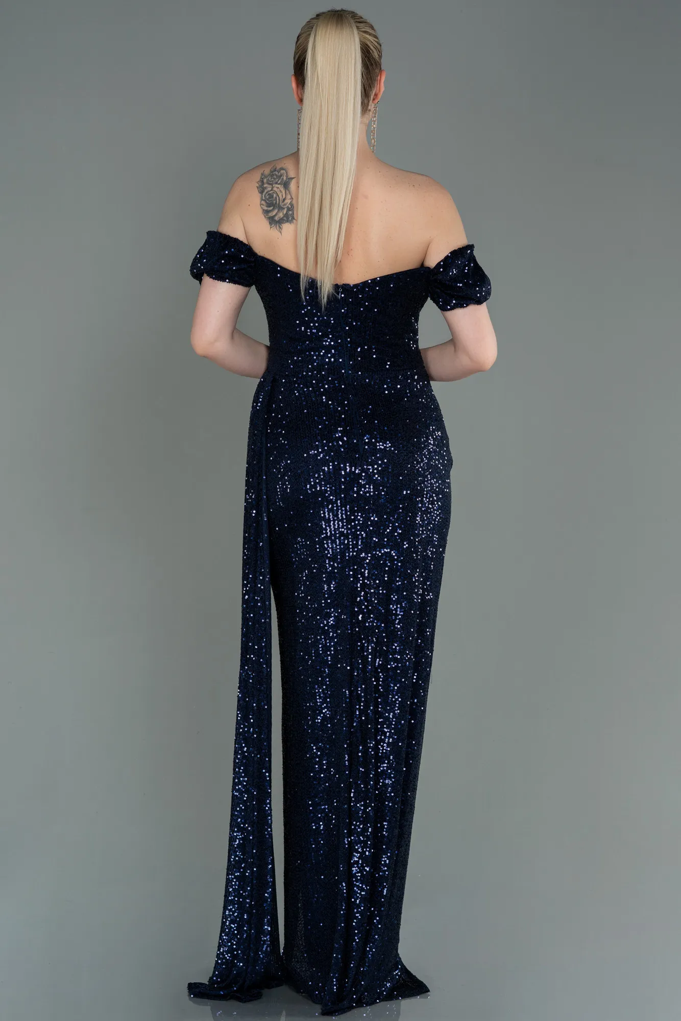 Navy Blue-Long Scaly Evening Dress ABU2987