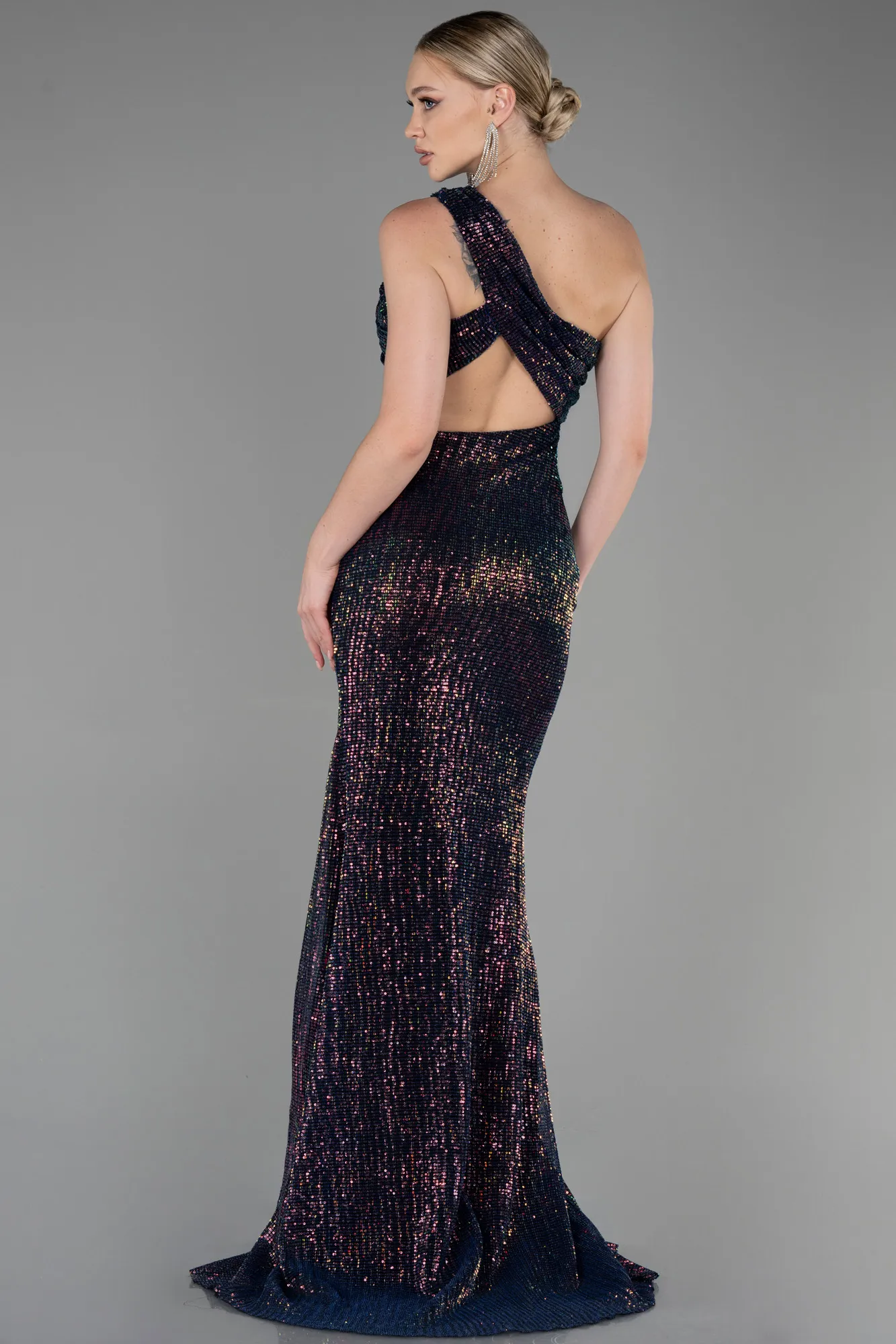 Navy Blue-Long Scaly Evening Dress ABU3164
