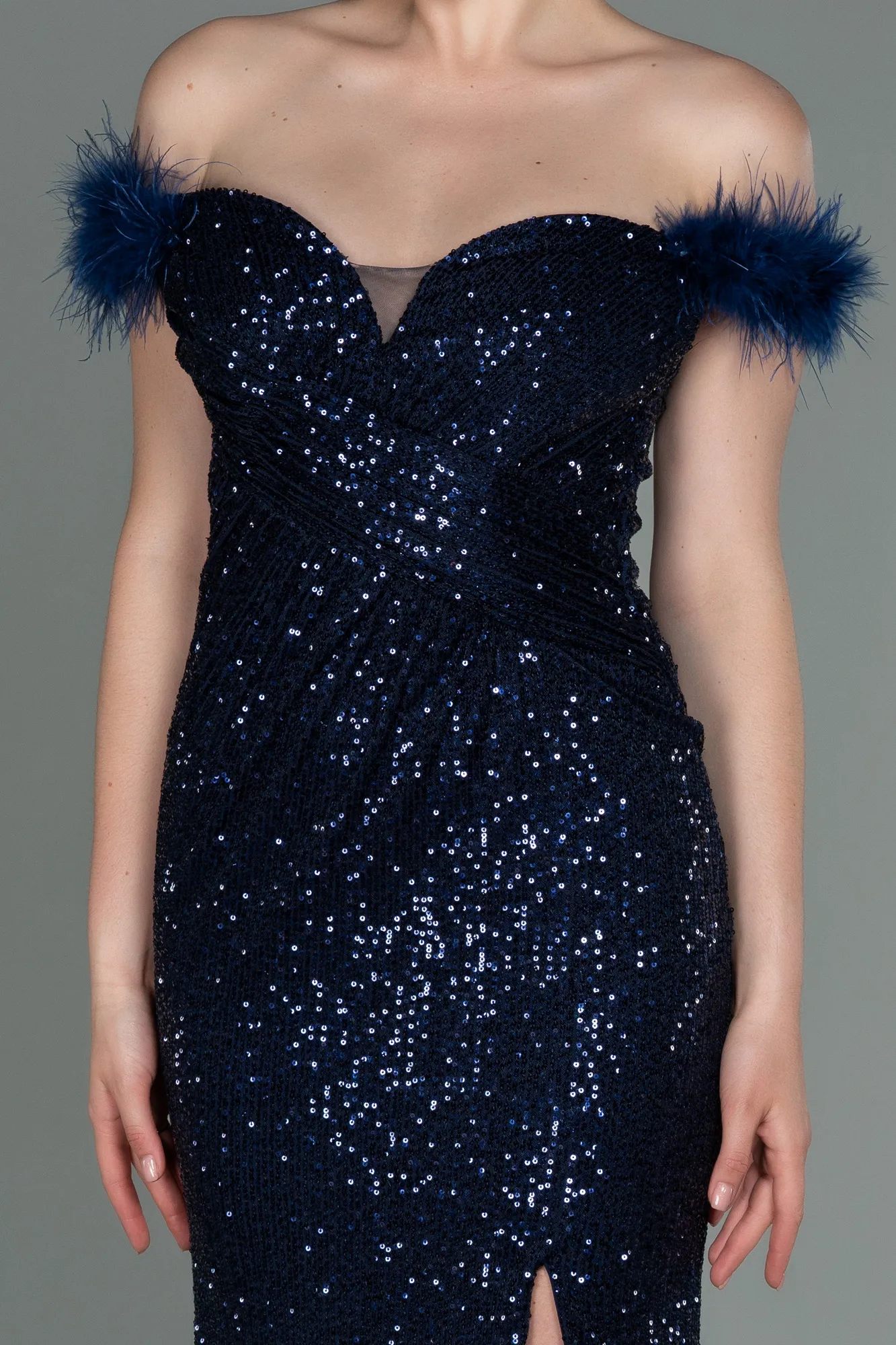 Navy Blue-Long Scaly Evening Dress ABU3191