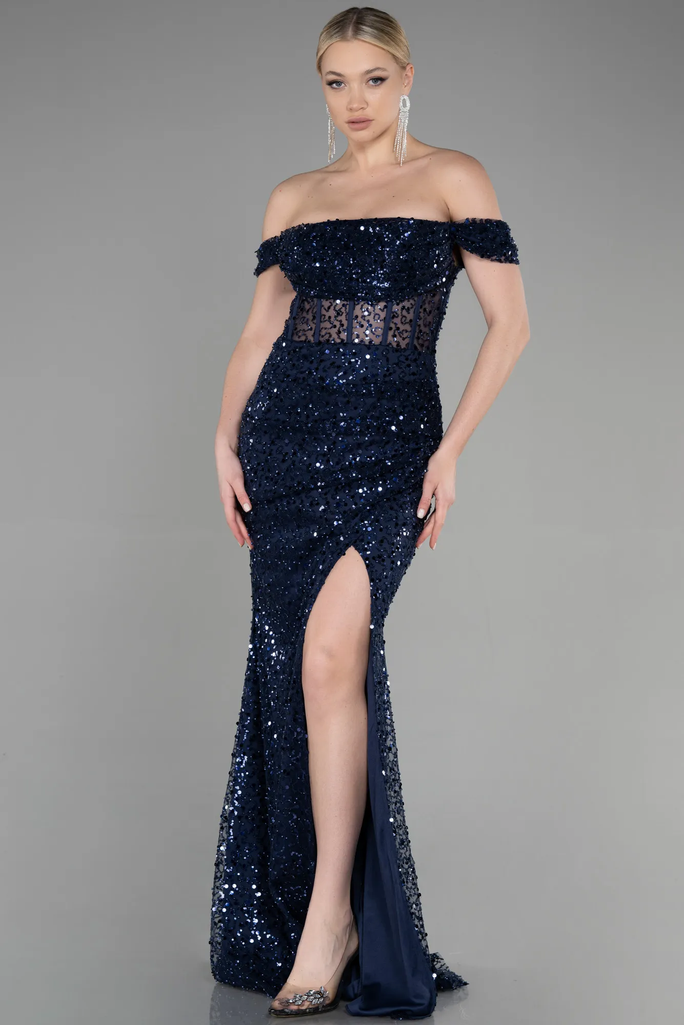 Navy Blue-Long Scaly Evening Dress ABU3498