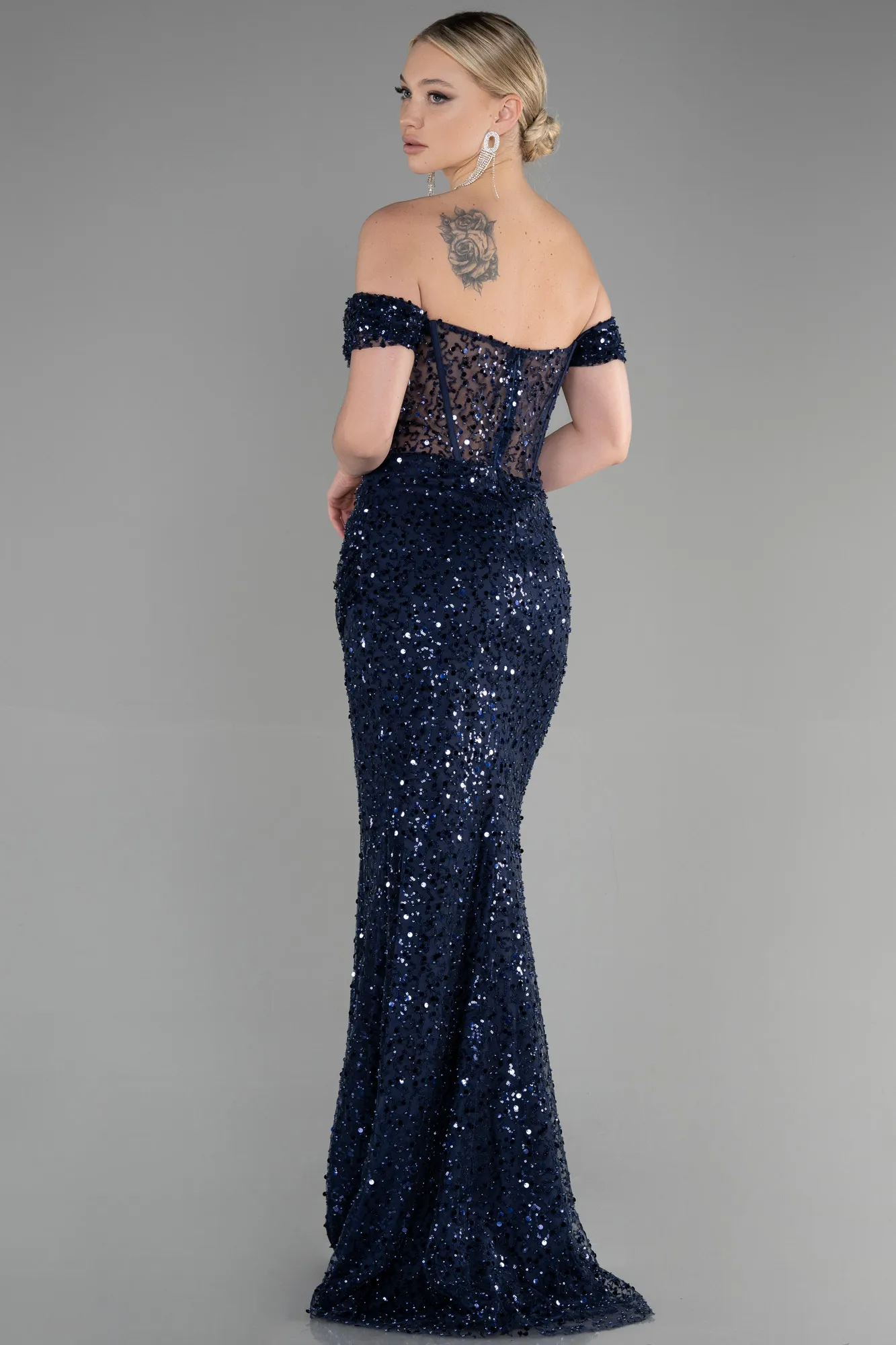 Navy Blue-Long Scaly Evening Dress ABU3498