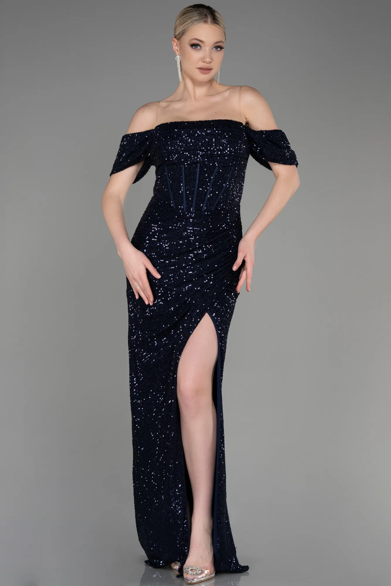 Navy Blue-Long Scaly Evening Dress ABU3766