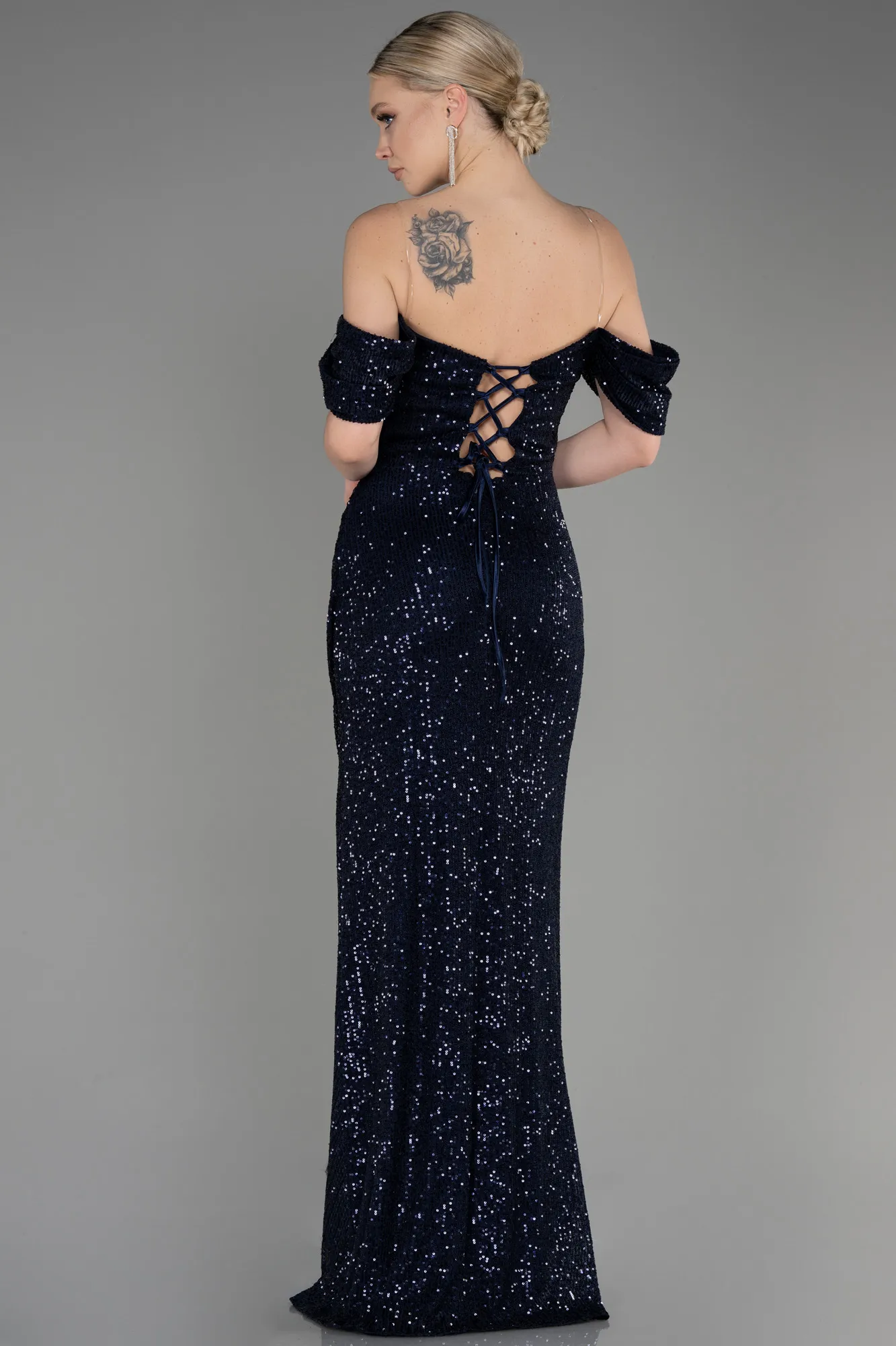 Navy Blue-Long Scaly Evening Dress ABU3766