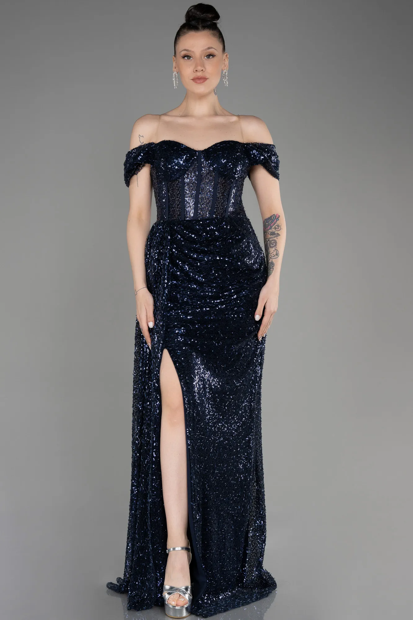 Navy Blue-Long Scaly Evening Dress ABU3794