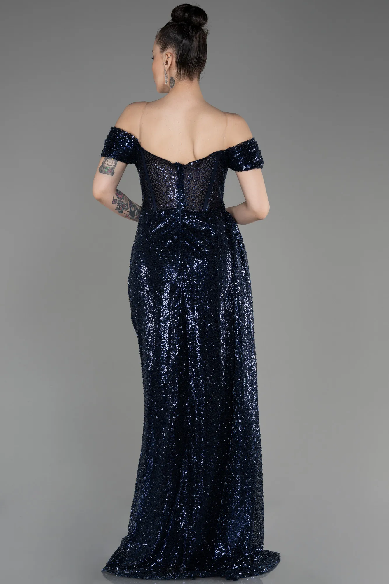 Navy Blue-Long Scaly Evening Dress ABU3794