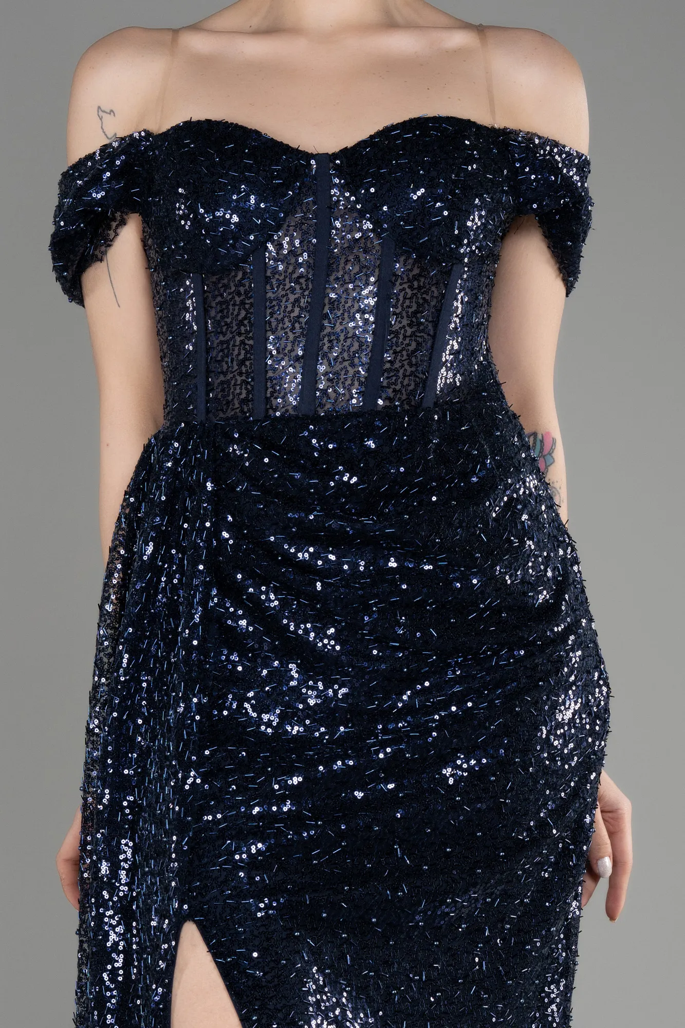 Navy Blue-Long Scaly Evening Dress ABU3794