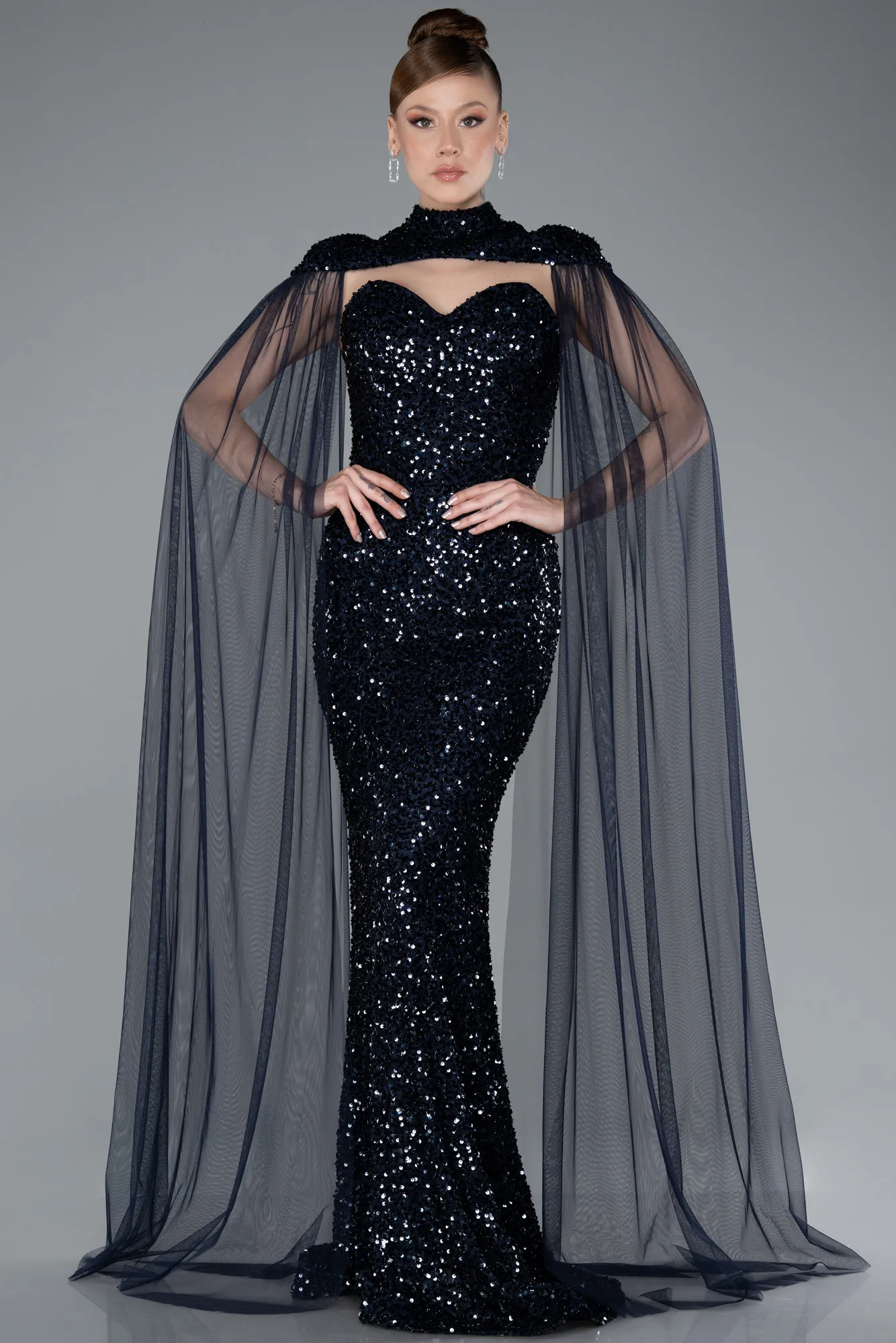 Navy Blue-Long Scaly Evening Dress ABU4910
