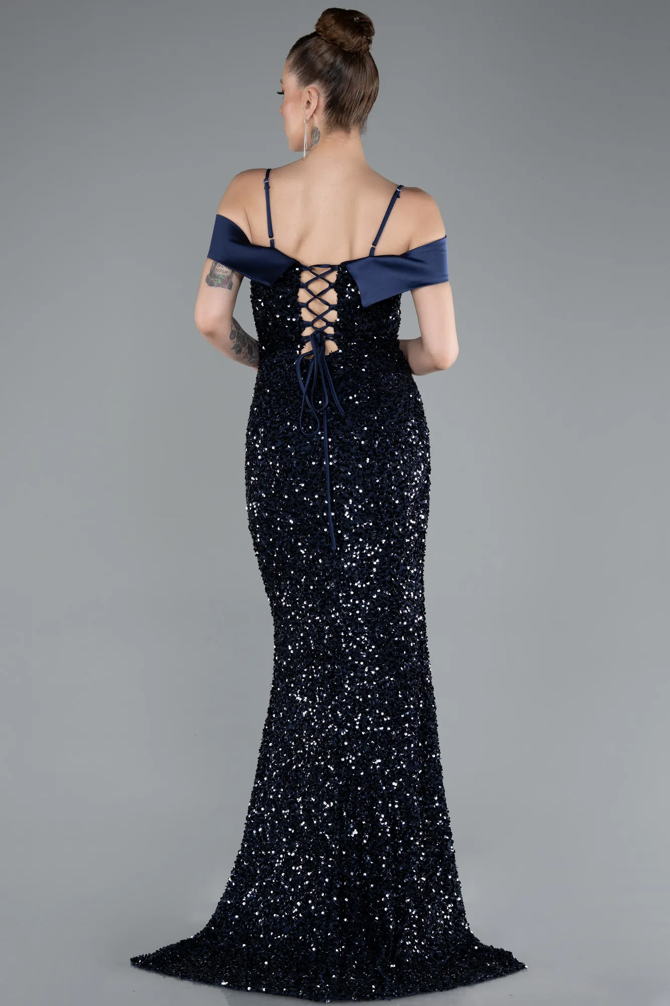 Navy Blue-Long Scaly Evening Dress ABU4929