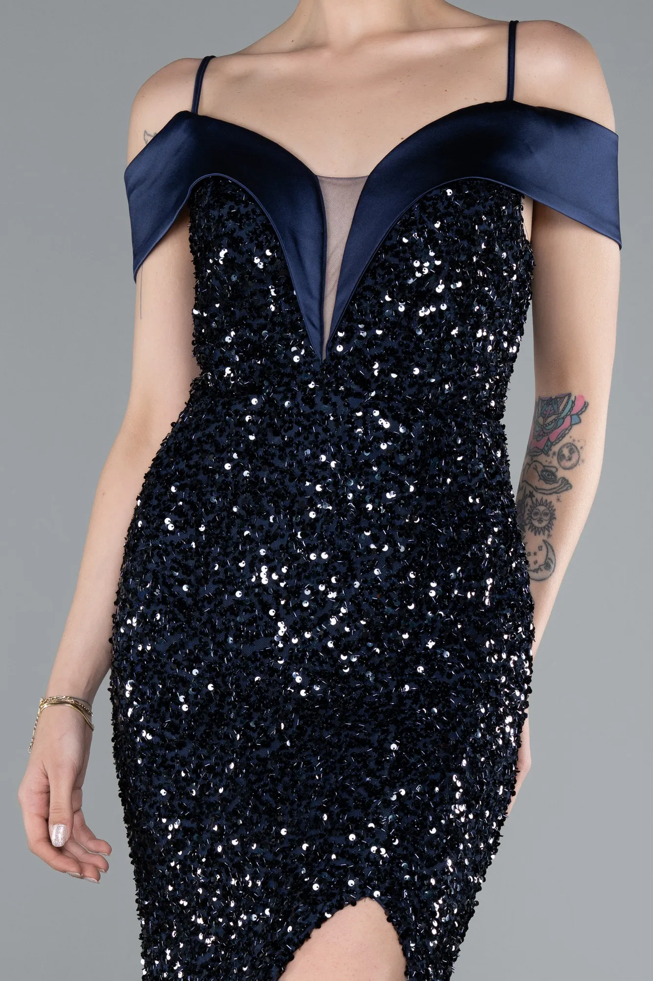 Navy Blue-Long Scaly Evening Dress ABU4929