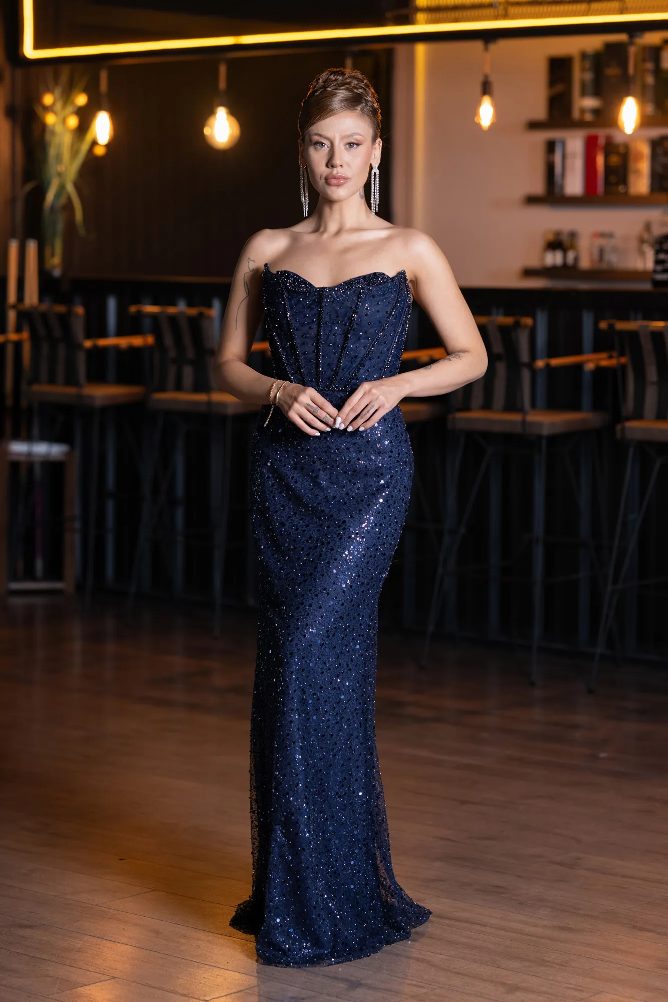 Navy Blue-Long Scaly Evening Dress ABU5069