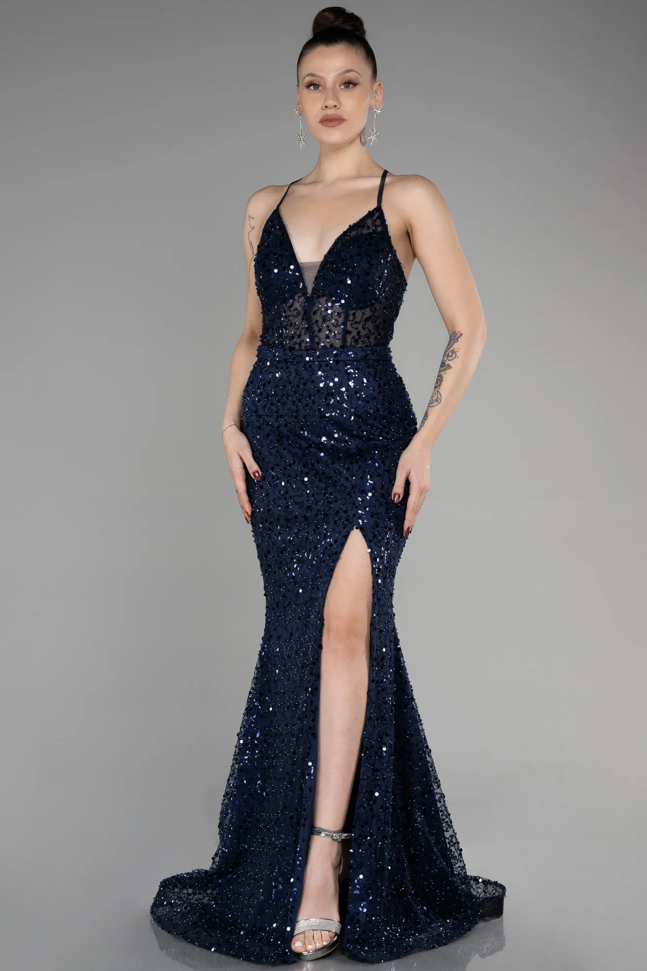 Navy Blue-Long Scaly Mermaid Prom Dress ABU3561