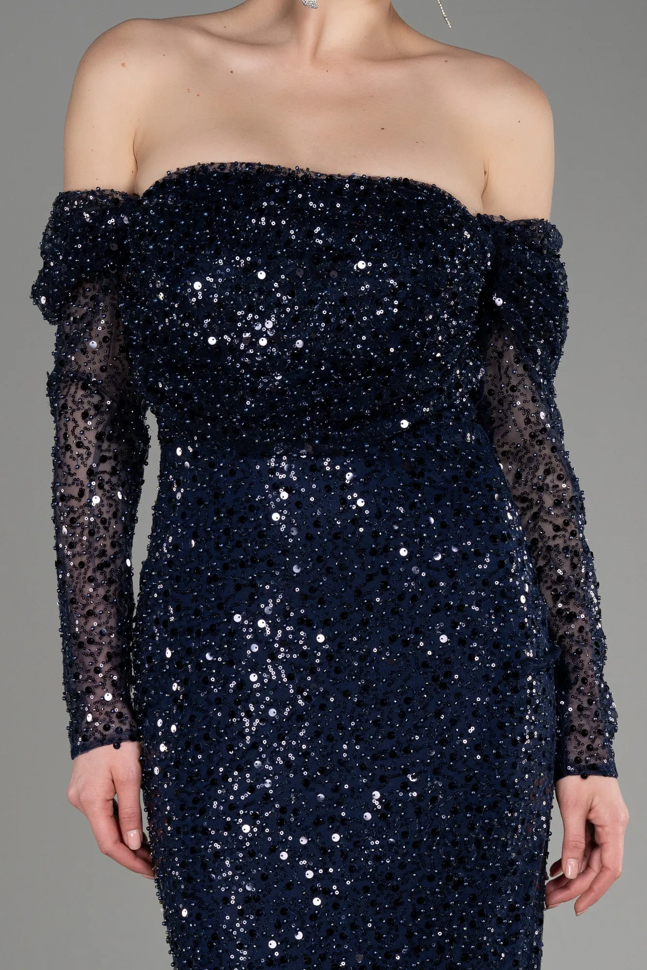 Navy Blue-Long Scaly Mermaid Prom Dress ABU3829