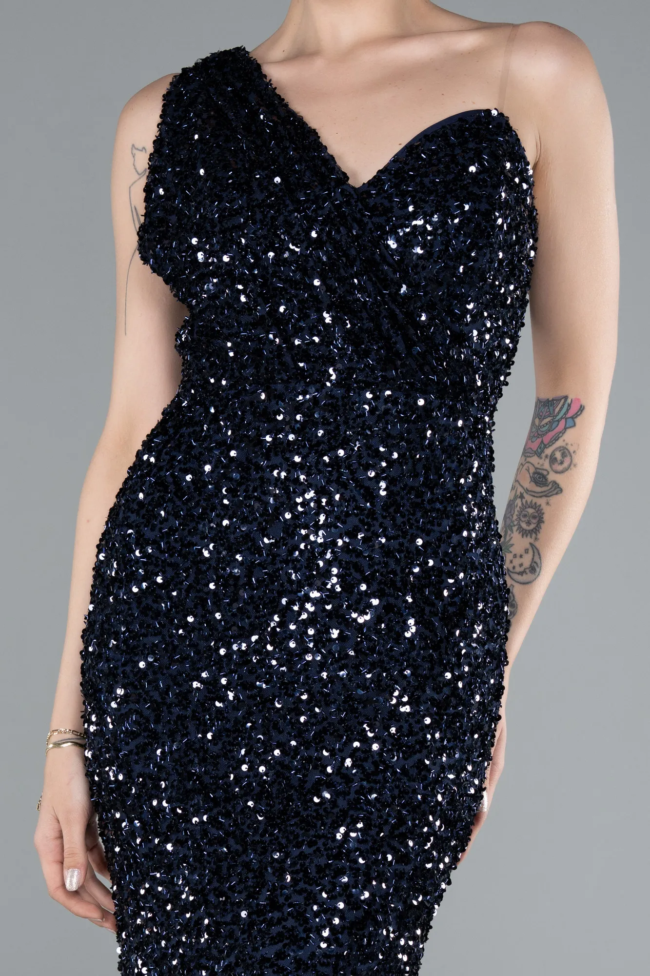 Navy Blue-Long Scaly Mermaid Prom Dress ABU4915