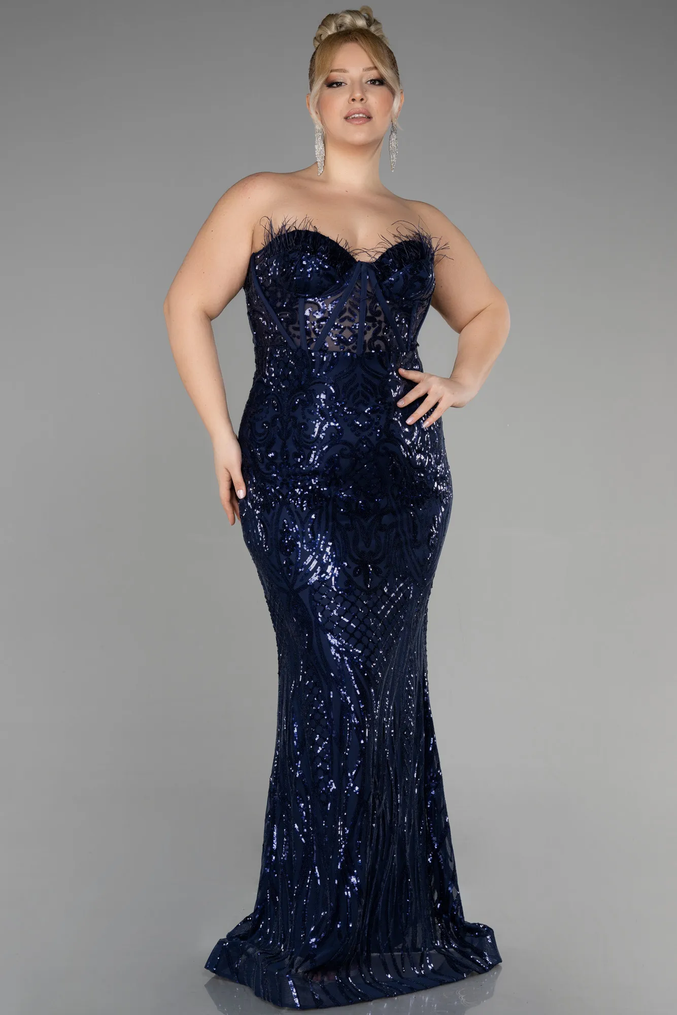 Navy Blue-Long Scaly Plus Size Engagement Dress ABU3552