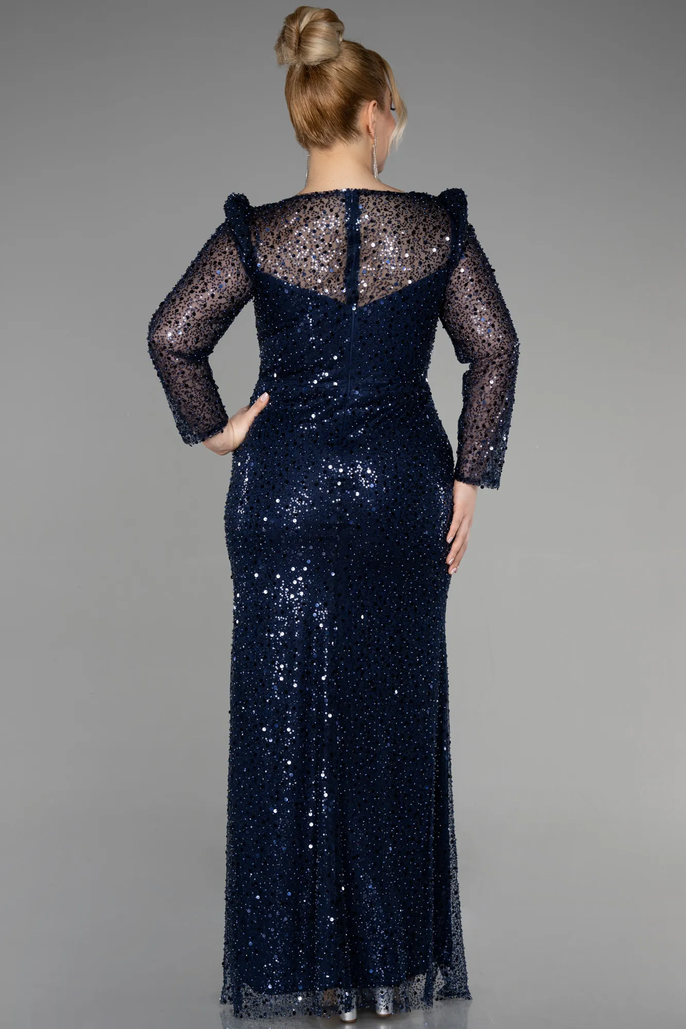 Navy Blue-Long Scaly Plus Size Engagement Dress ABU3559