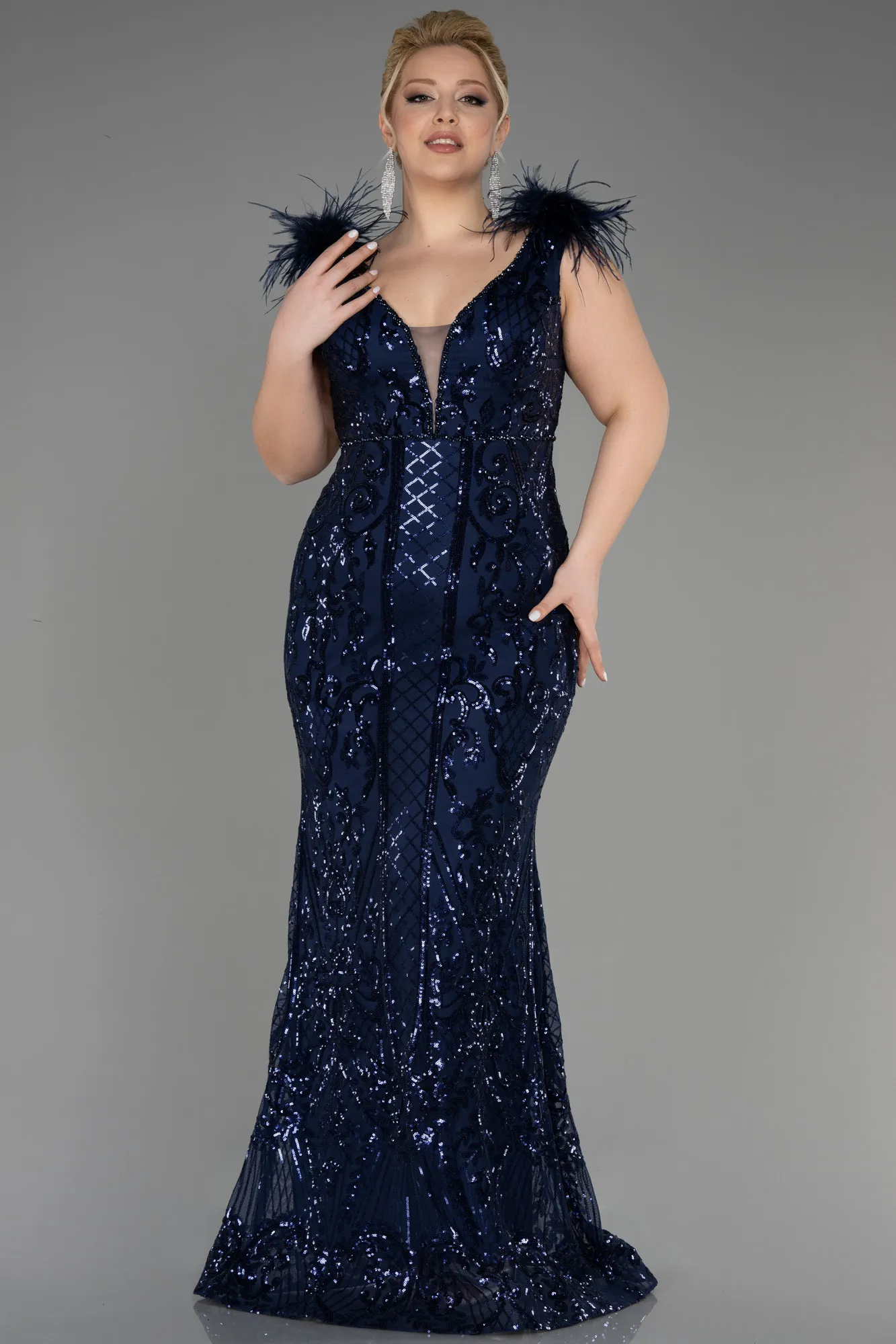 Navy Blue-Long Scaly Plus Size Engagement Dress ABU3671