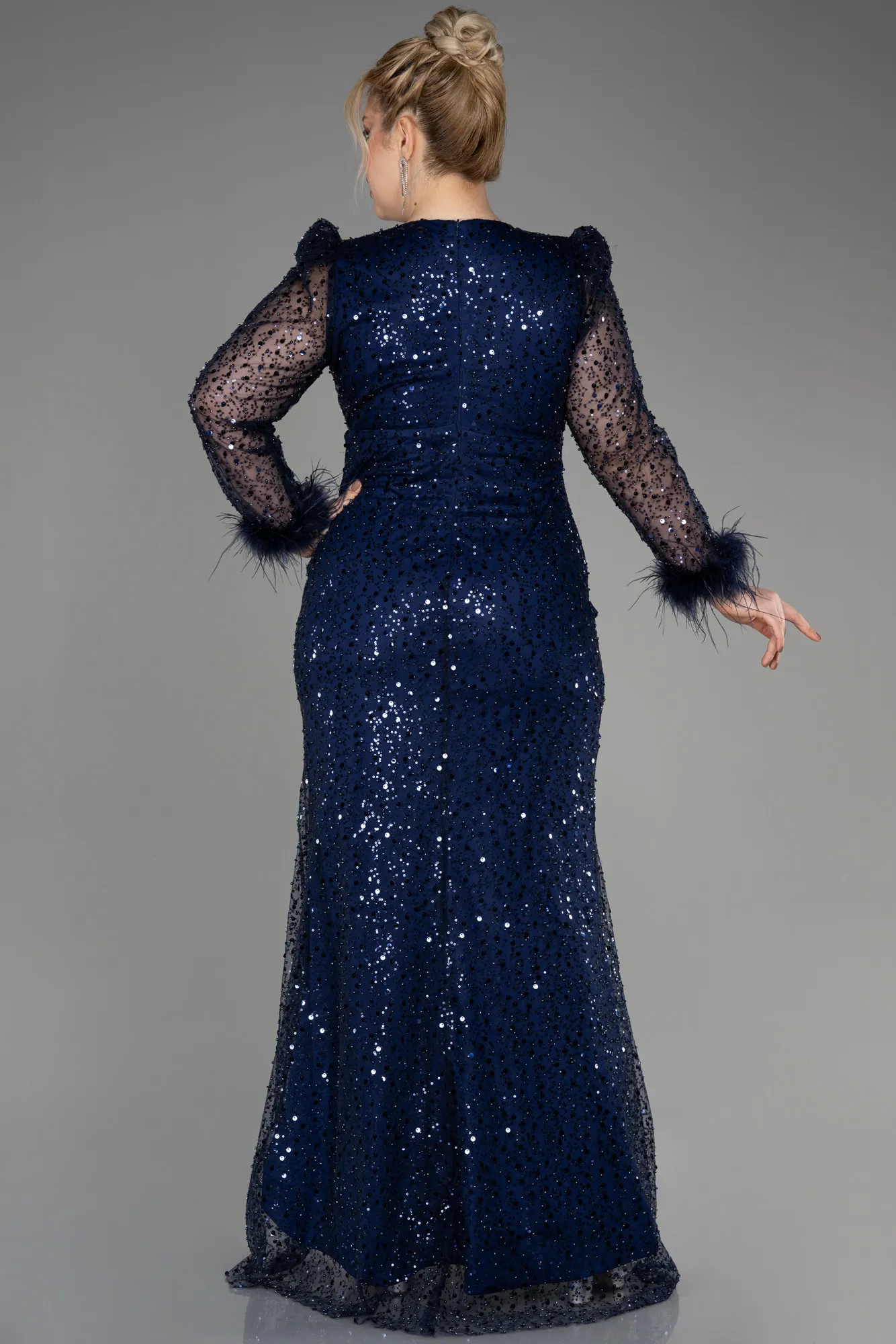 Navy Blue-Long Scaly Plus Size Engagement Dress ABU3790