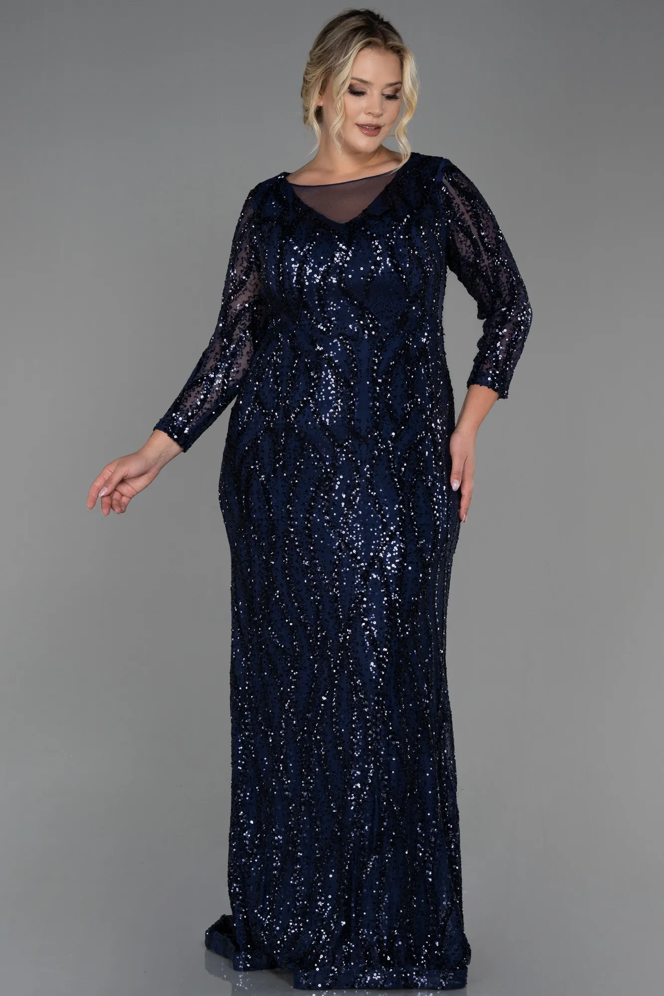 Navy Blue-Long Scaly Plus Size Evening Dress ABU3215