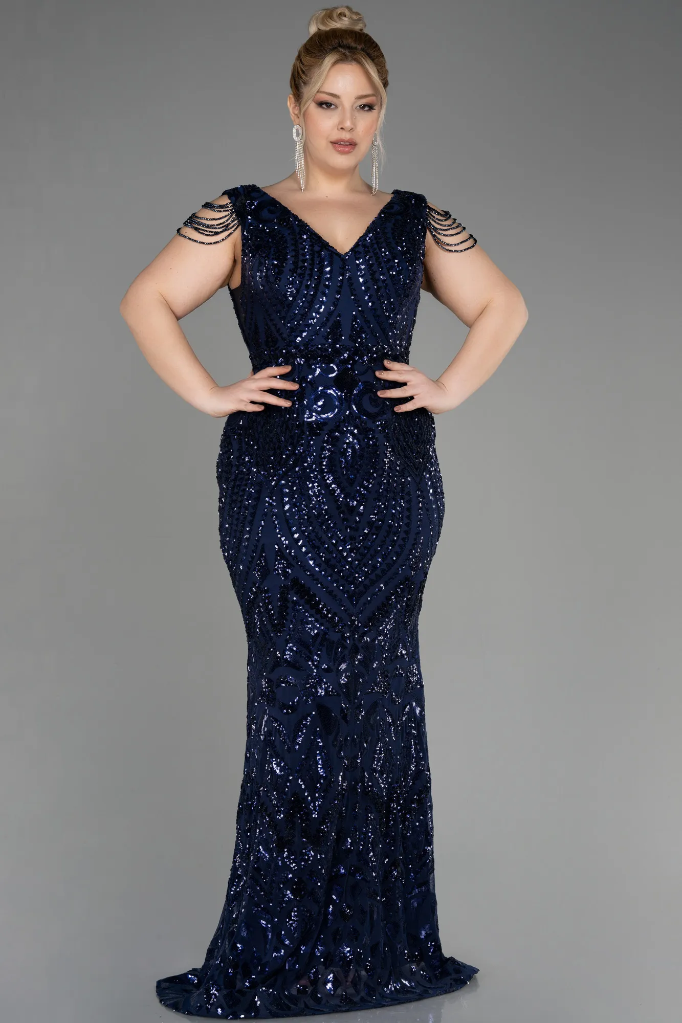 Navy Blue-Long Scaly Plus Size Evening Dress ABU3845