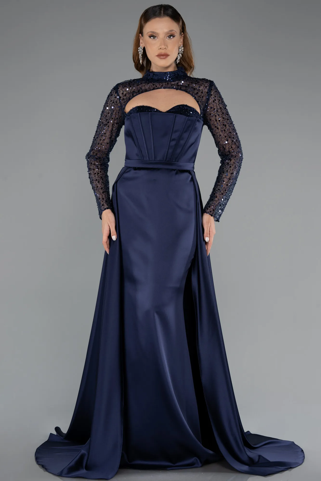 Navy Blue-Long Sleeve Bustier Detailed Sequin Train Satin Evening Gown ABU4765