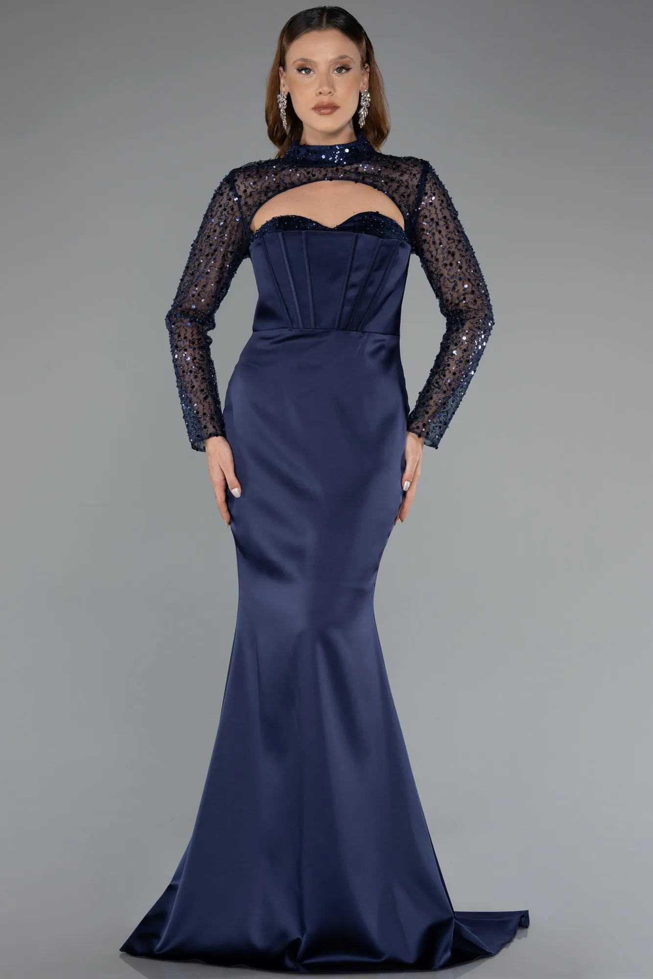 Navy Blue-Long Sleeve Bustier Detailed Sequin Train Satin Evening Gown ABU4765