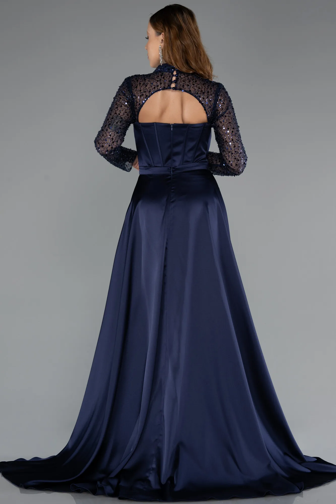 Navy Blue-Long Sleeve Bustier Detailed Sequin Train Satin Evening Gown ABU4765
