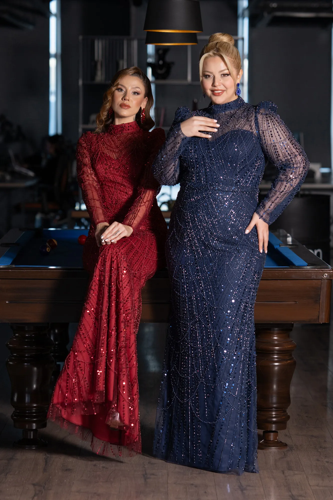 Navy Blue-Long Sleeve High Collar Stoned Plus Size Evening Gown ABU4527