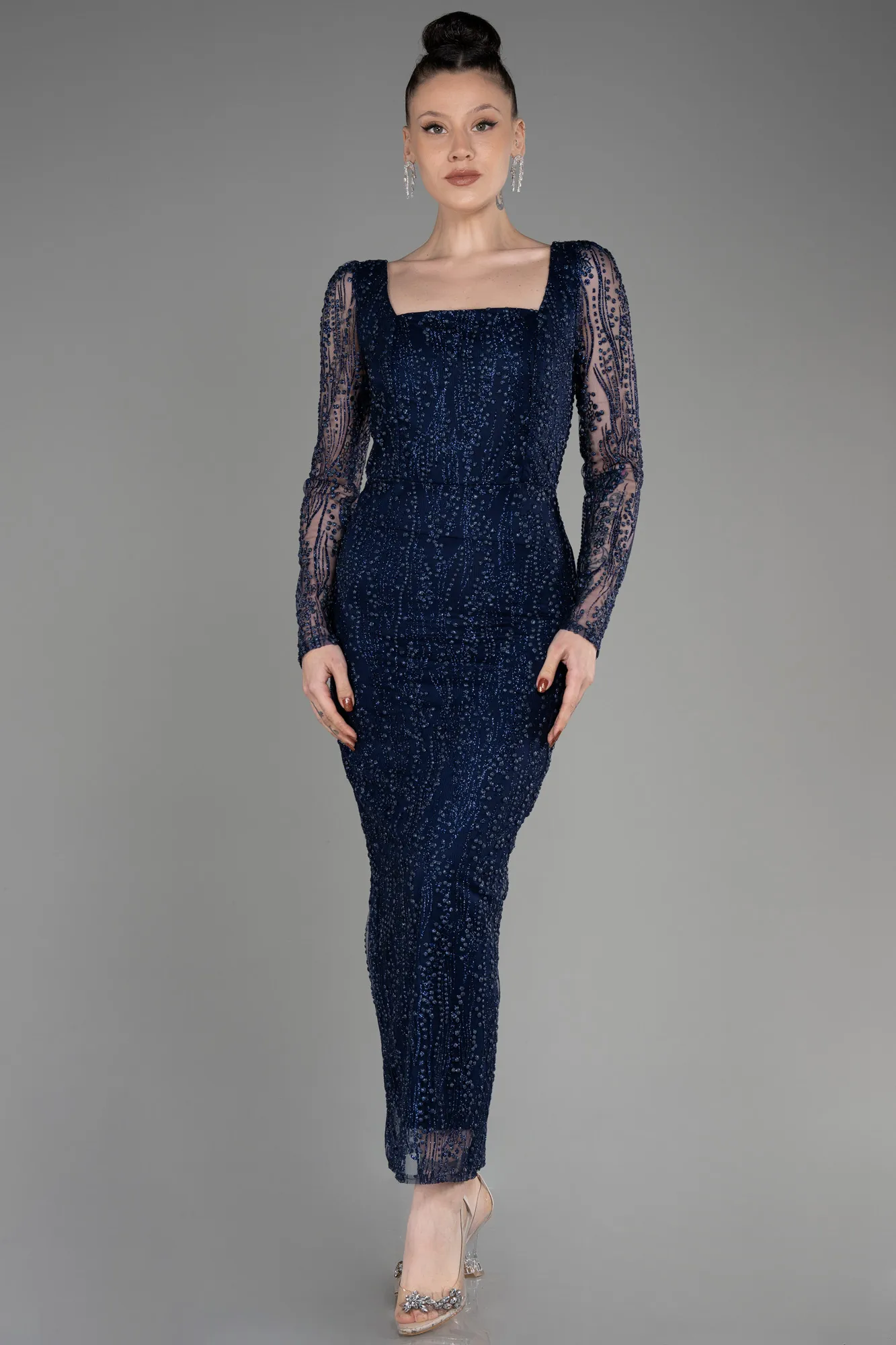 Navy Blue-Long Sleeve Midi Cocktail Dress ABK2025