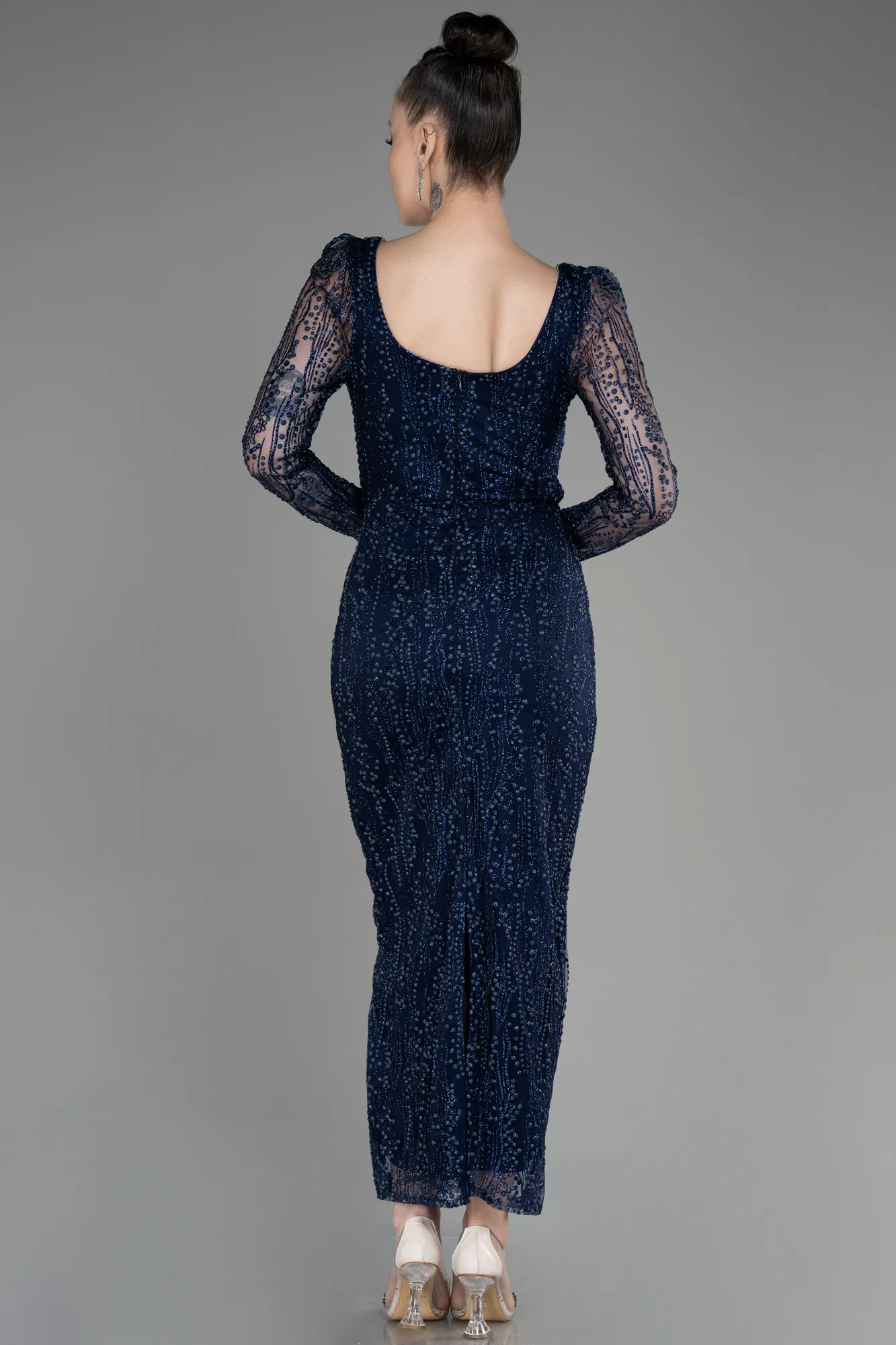 Navy Blue-Long Sleeve Midi Cocktail Dress ABK2025