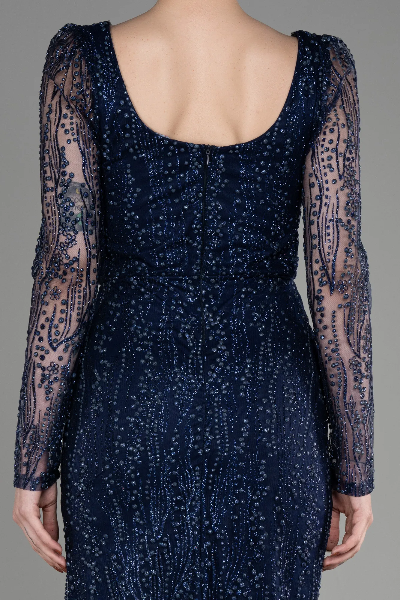 Navy Blue-Long Sleeve Midi Cocktail Dress ABK2025